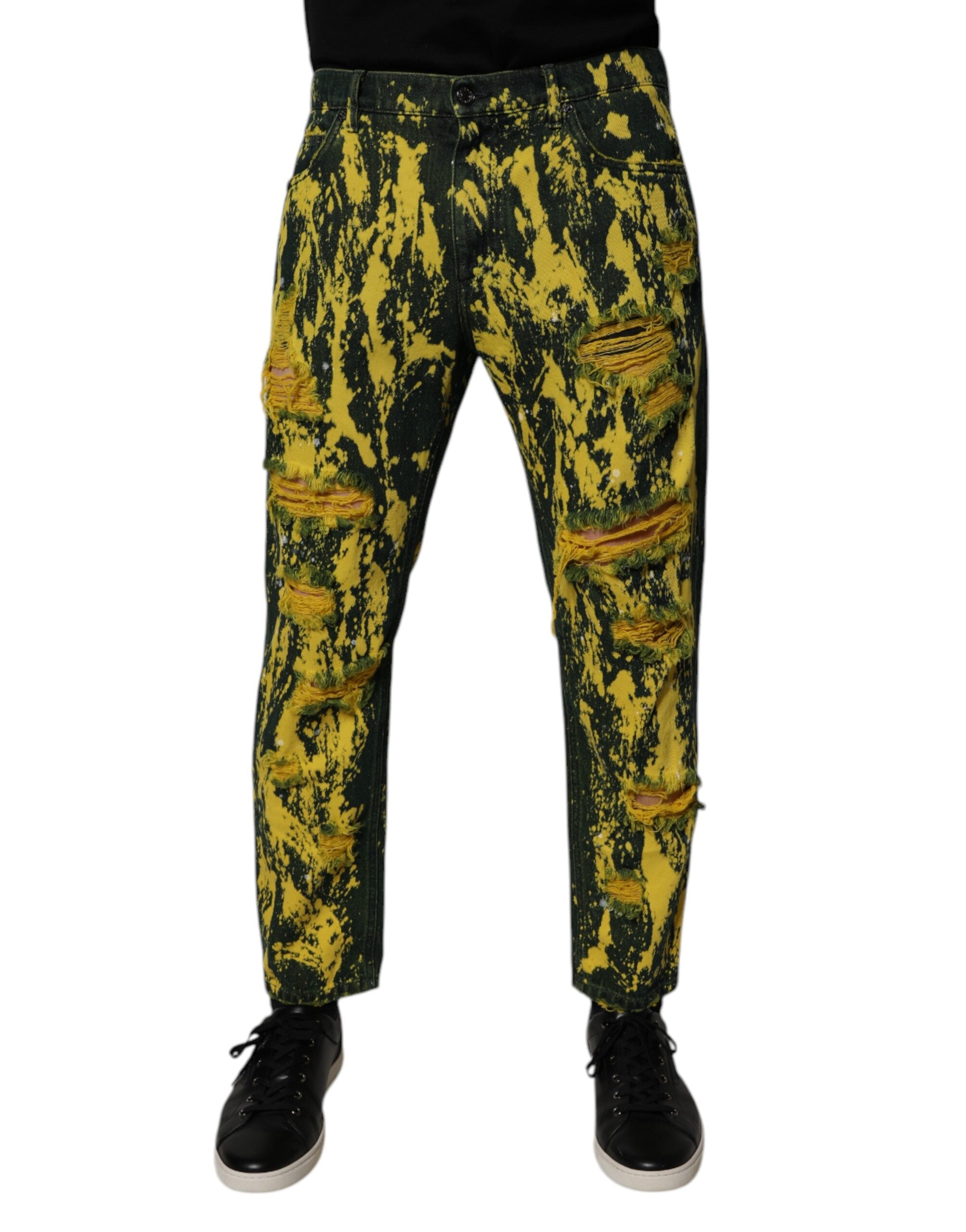 Dolce & Gabbana Black Yellow Tie Dye Tattered Skinny Men's Denim Jeans