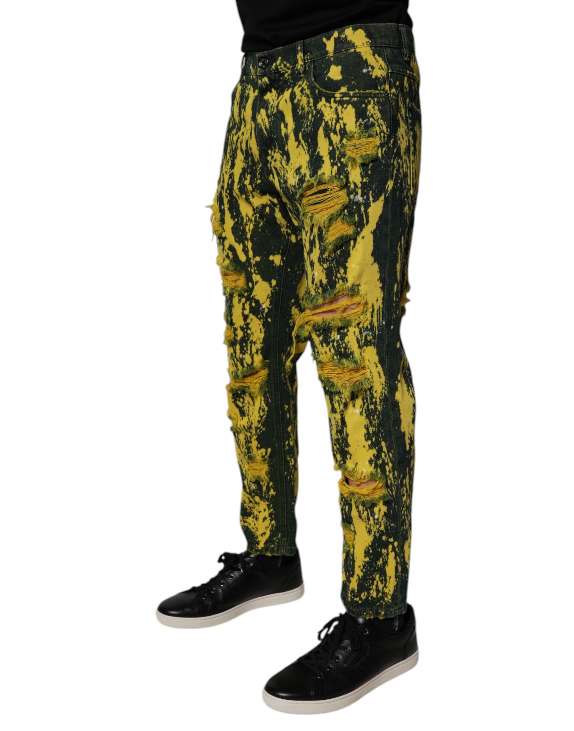 Dolce & Gabbana Black Yellow Tie Dye Tattered Skinny Men's Denim Jeans