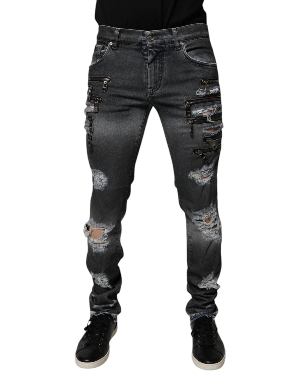 Dolce & Gabbana Dark Gray Distressed Cotton Skinny Denim Jeans