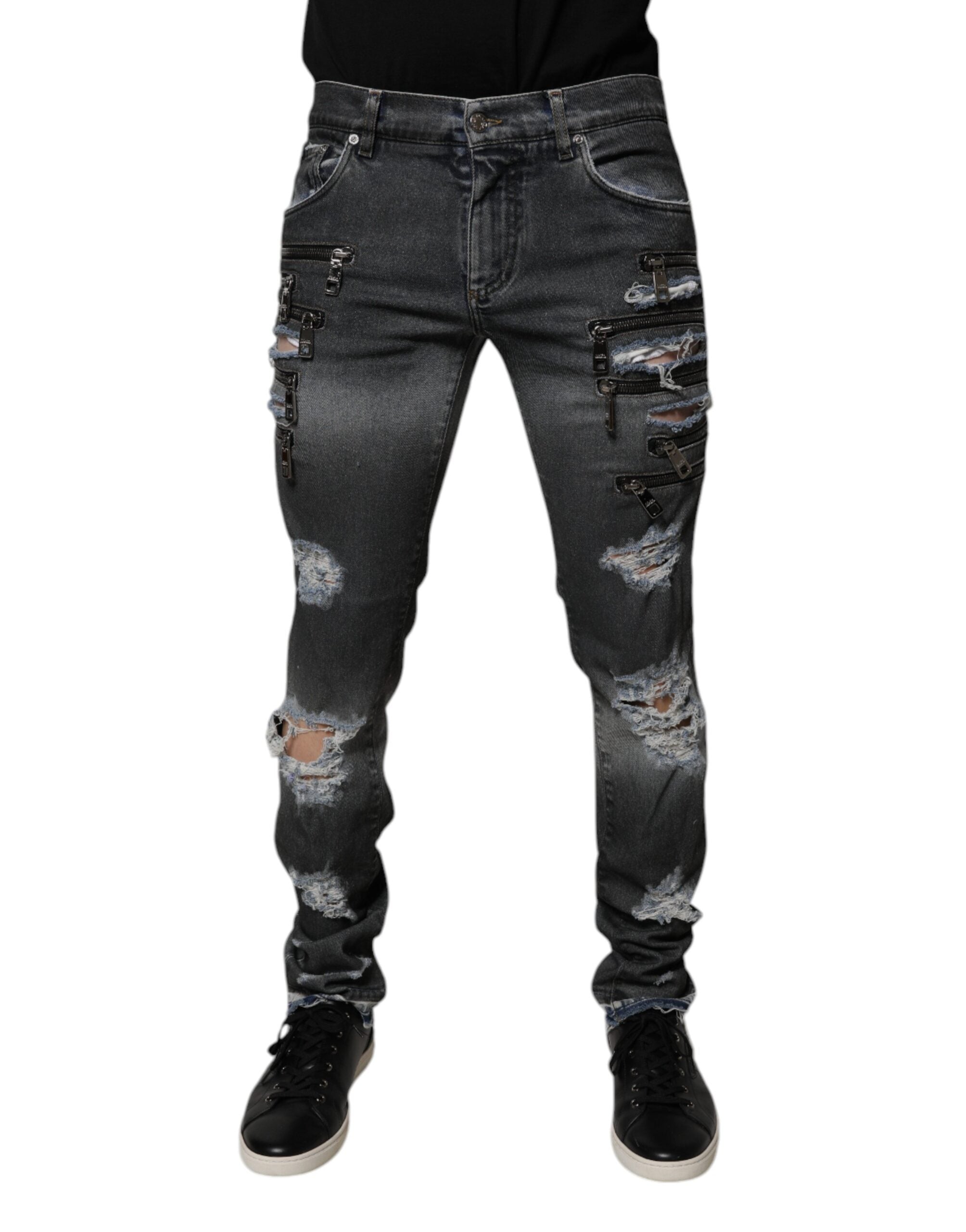 Dolce & Gabbana Dark Gray Distressed Cotton Skinny Denim Jeans