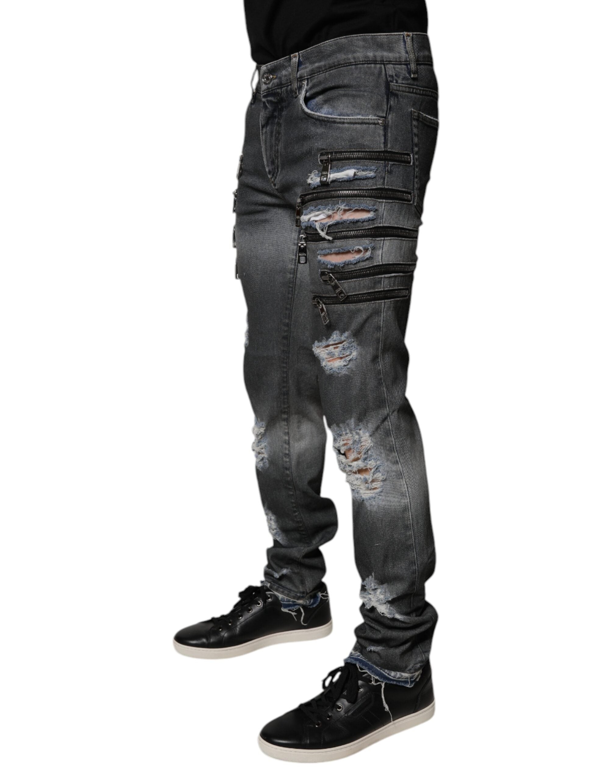 Dolce & Gabbana Dark Gray Distressed Cotton Skinny Denim Jeans