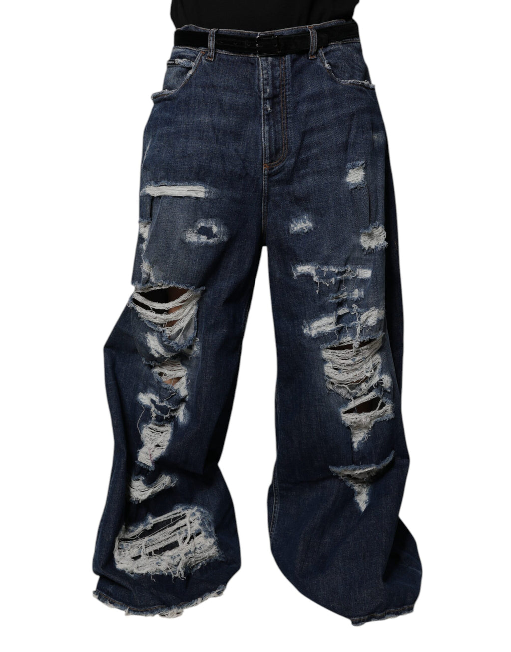 Dolce & Gabbana Men's Dark Blue Distressed Wide-Leg Denim Jeans