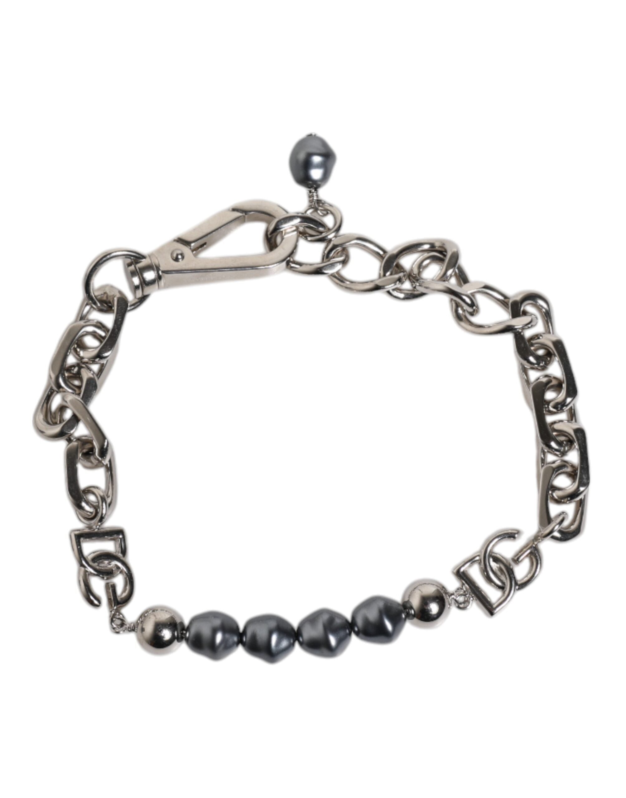 Dolce & Gabbana Silberfarbene Kette Karabinerverschluss Logo Graue Perlen Armband