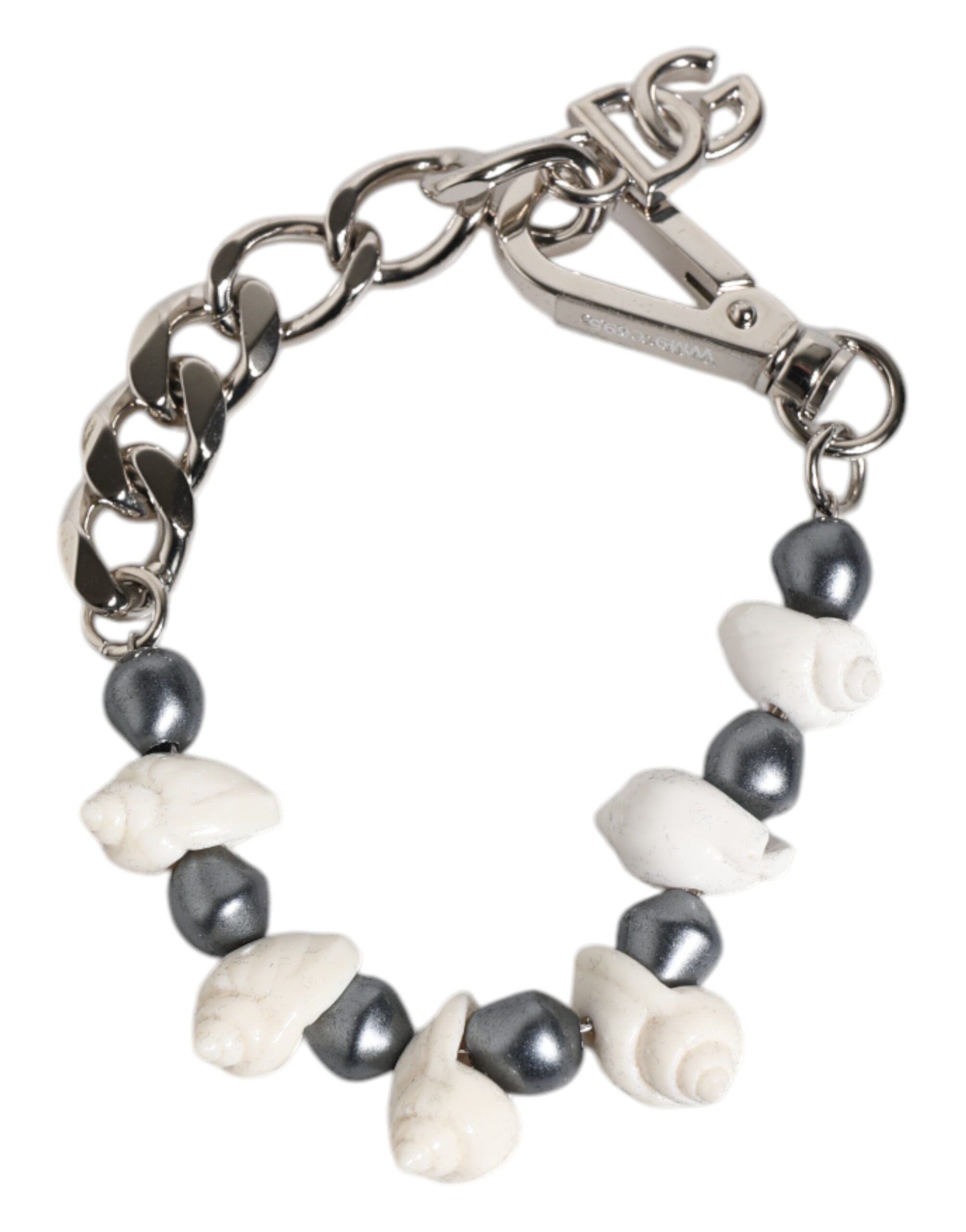 Dolce & Gabbana Silberfarbener Messing Perlen Muschel DG Logo Anhänger Armband