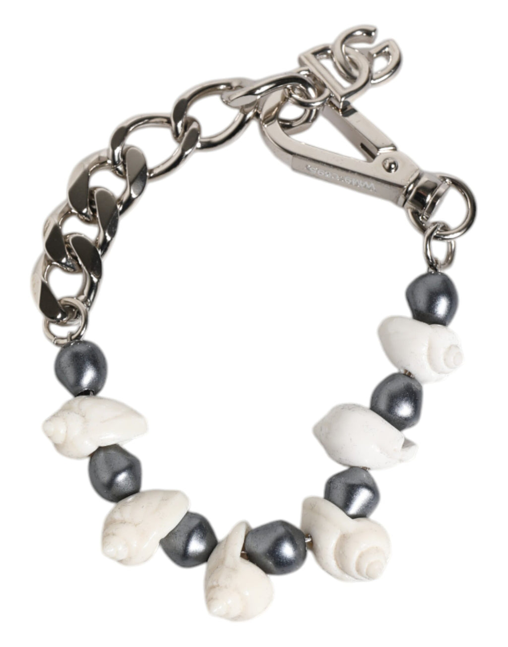 Dolce & Gabbana Silberfarbener Messing Perlen Muschel DG Logo Anhänger Armband