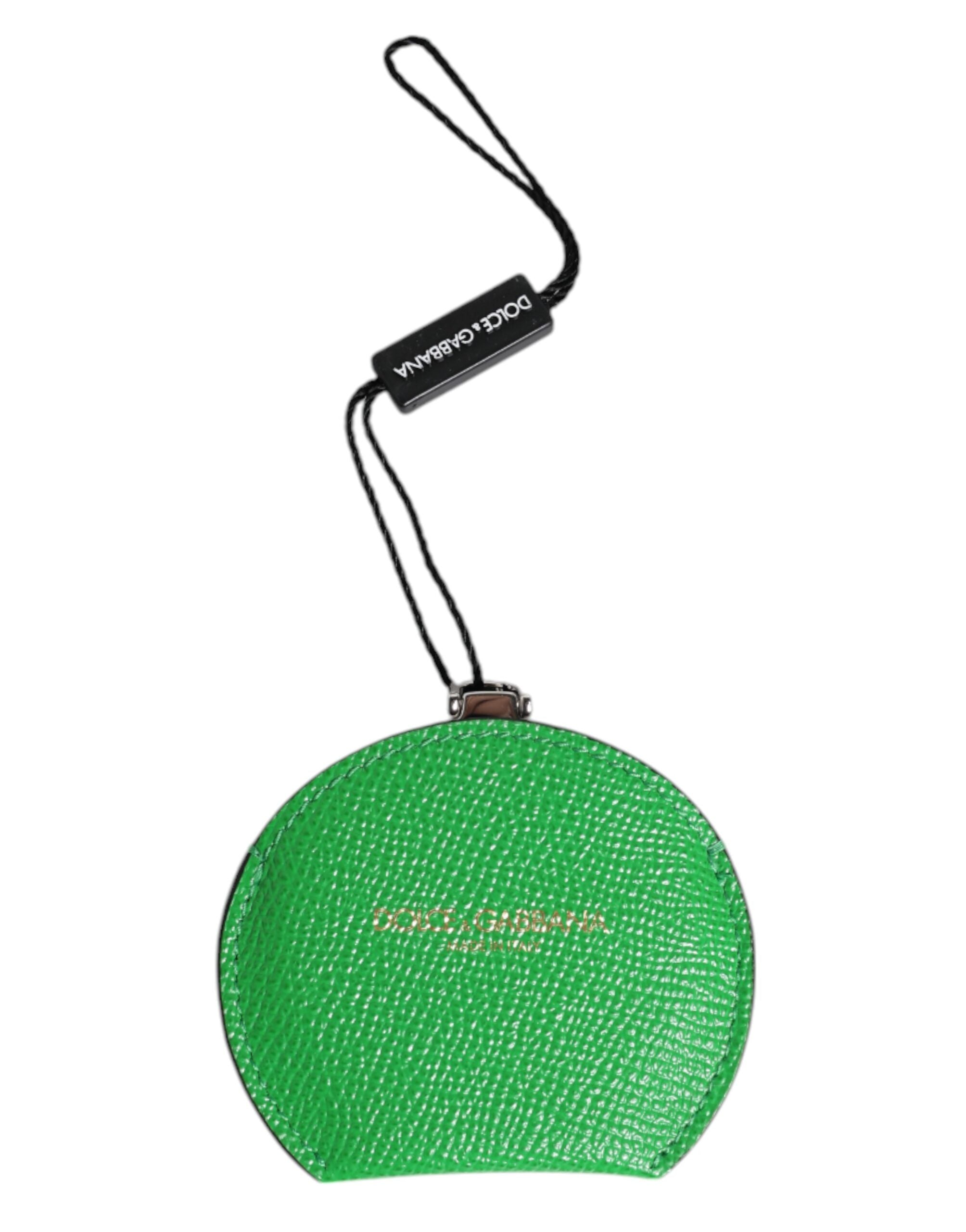 Dolce & Gabbana Green Calfskin Round Logo Hand Mirror Holder