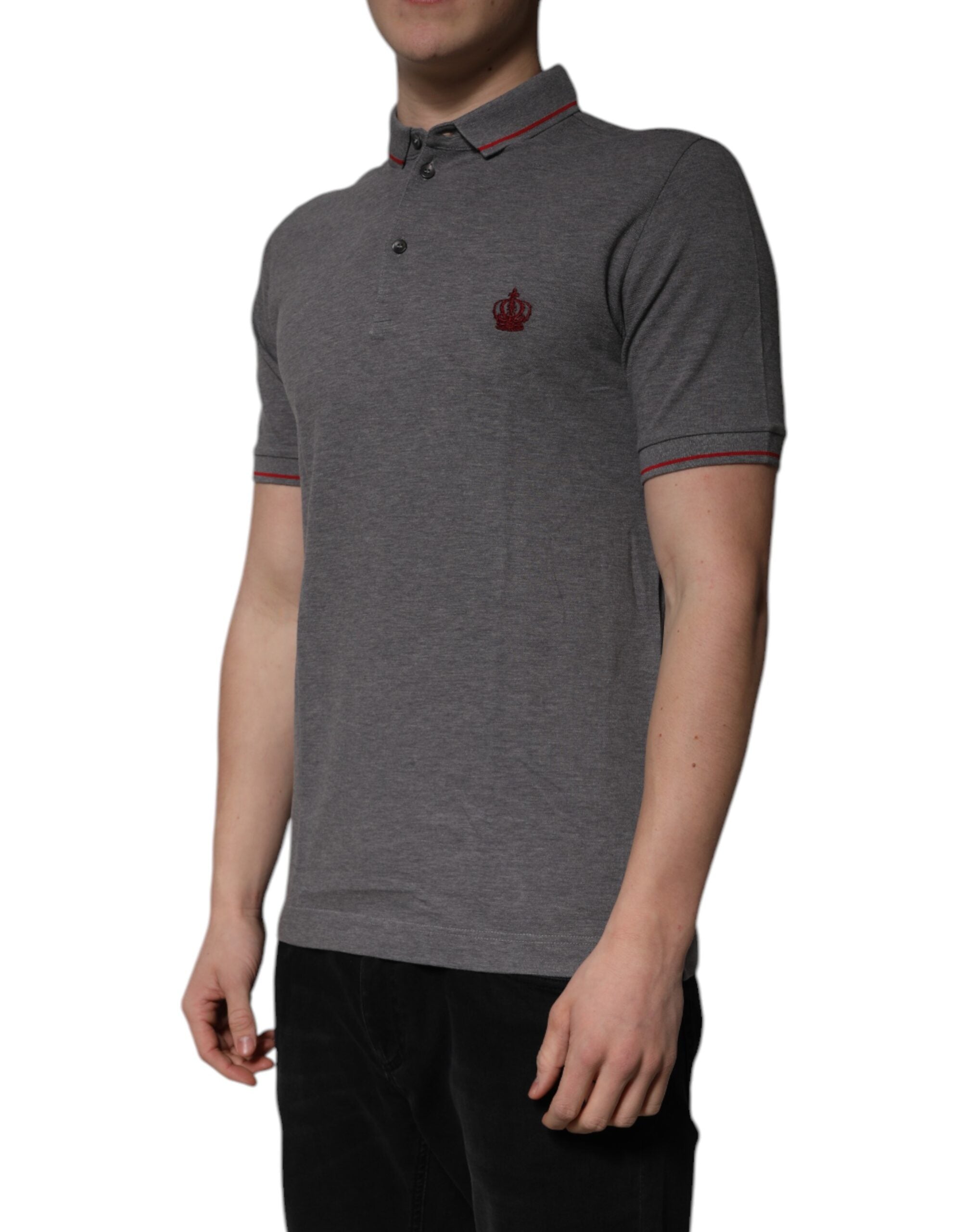 Dolce & Gabbana Grey Cotton Crown Collar Polo T-Shirt