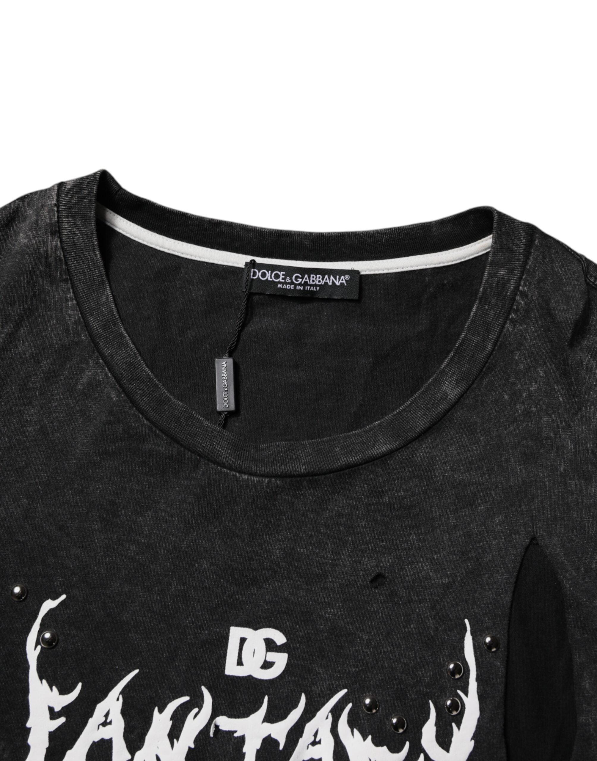 Dolce & Gabbana Black Cotton Crew Neck T-Shirt with Graphic Print