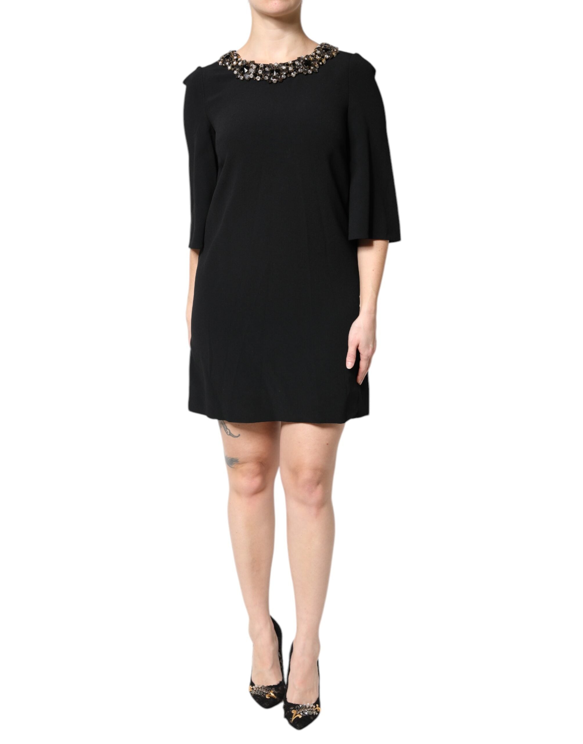 Dolce & Gabbana Black Crystal-Embellished Round-Neck Mini Dress