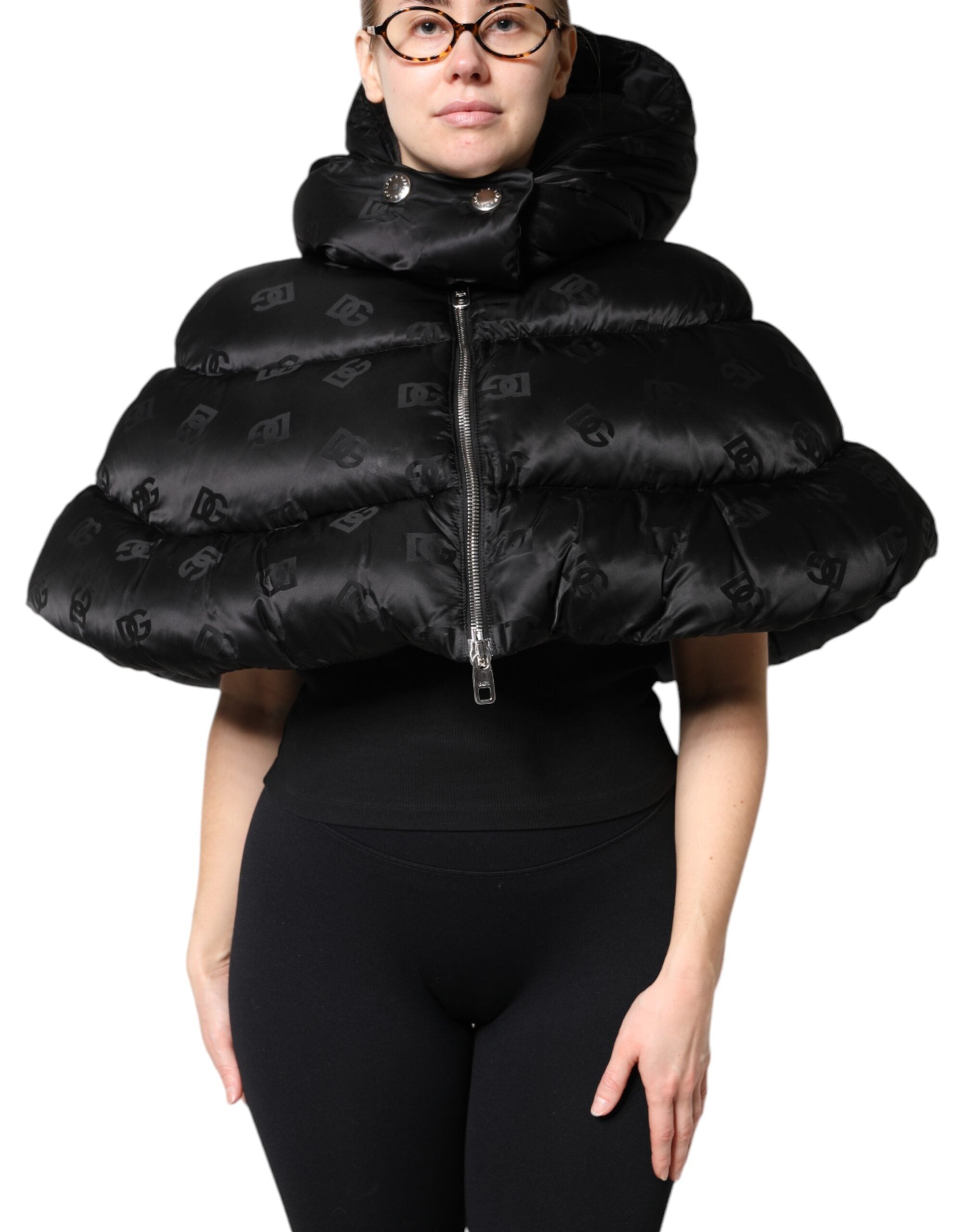 Dolce & Gabbana Black Padded Hooded Full Zip Cropped Jacket