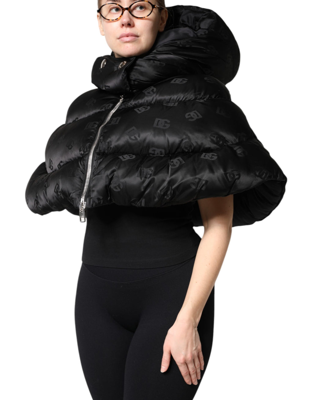 Dolce & Gabbana Black Padded Hooded Full Zip Cropped Jacket