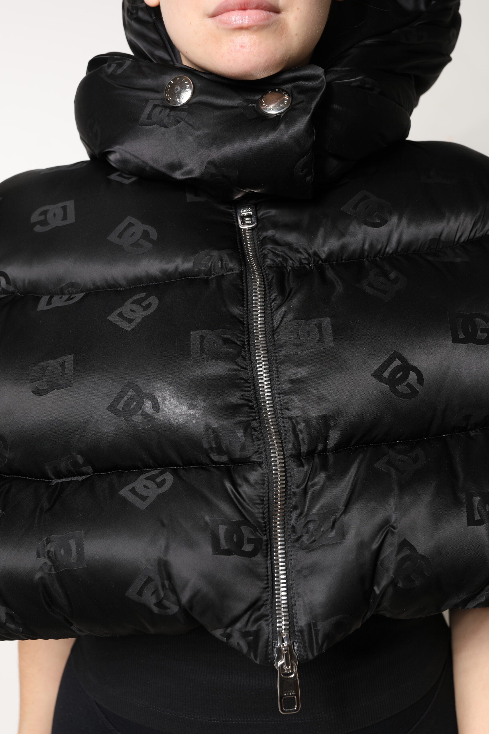 Dolce & Gabbana Black Padded Hooded Full Zip Cropped Jacket
