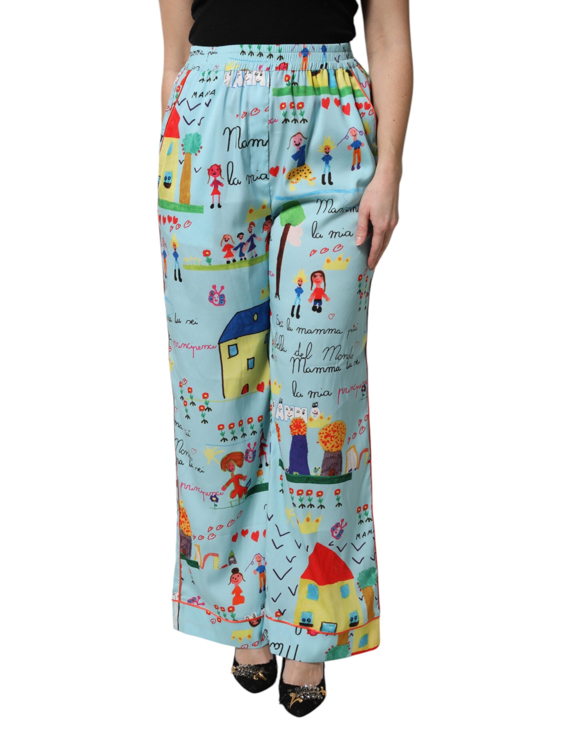 Dolce & Gabbana Light Blue Sketch Mid Waist Wide Leg Pants
