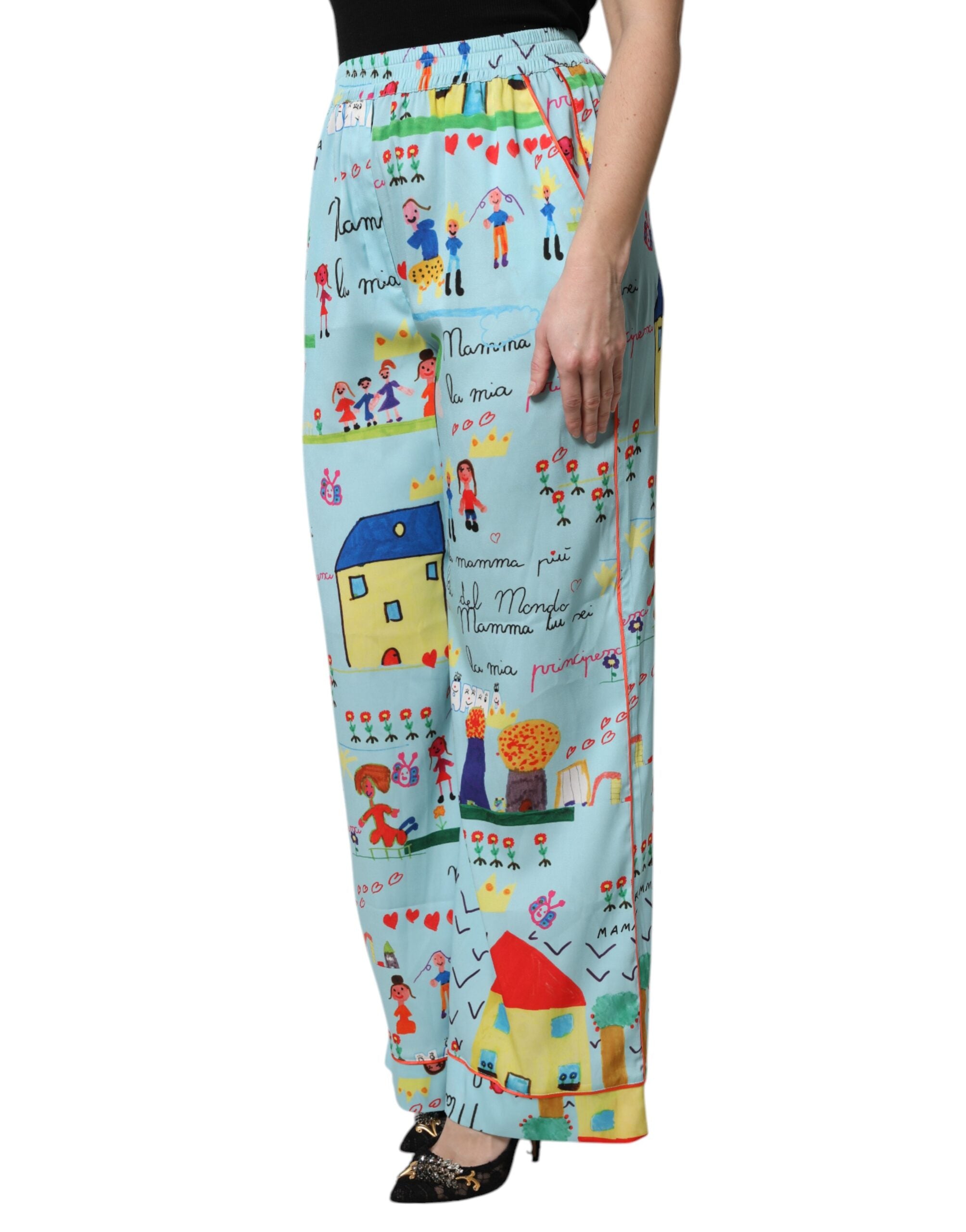 Dolce & Gabbana Light Blue Sketch Mid Waist Wide Leg Pants