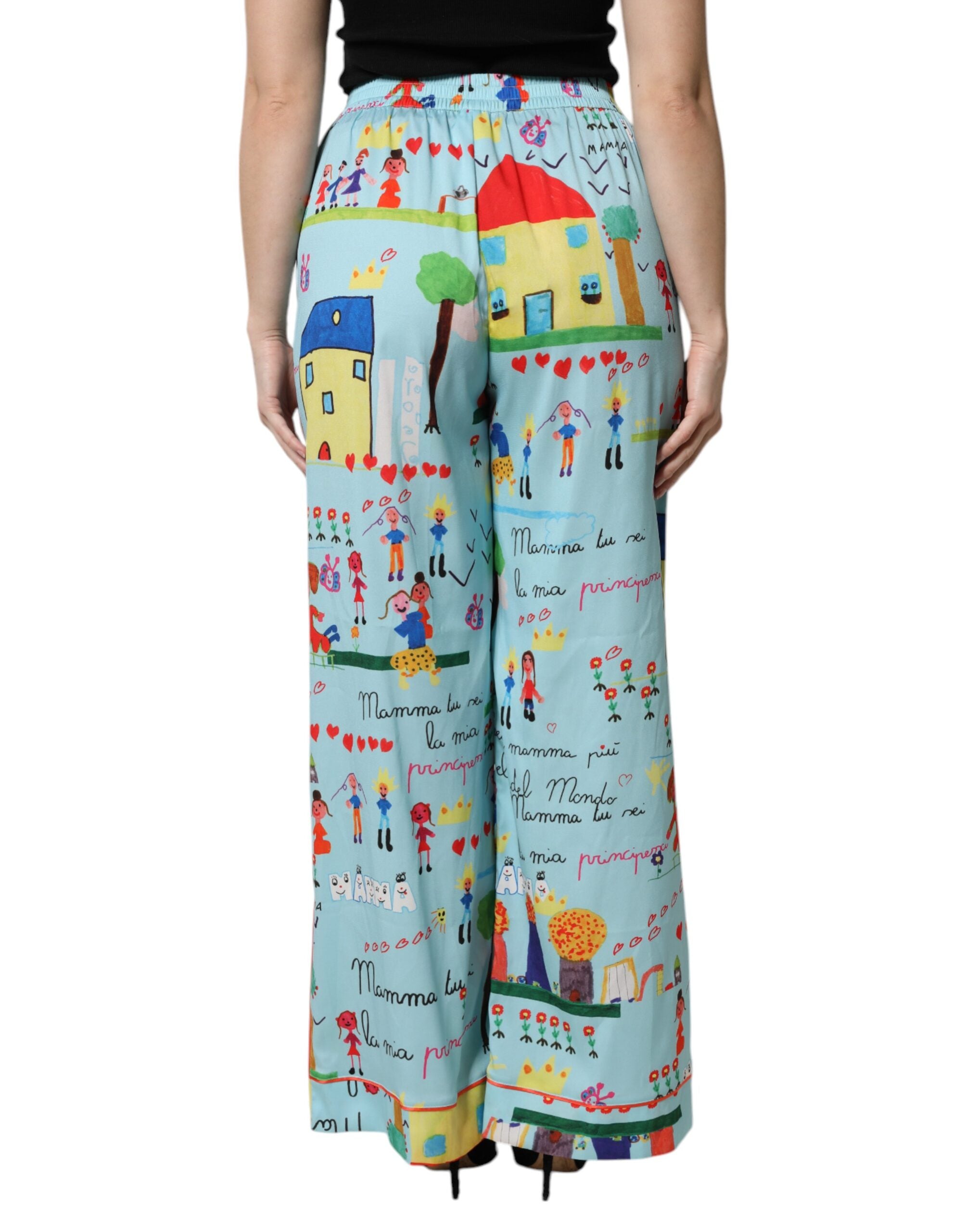 Dolce & Gabbana Light Blue Sketch Mid Waist Wide Leg Pants