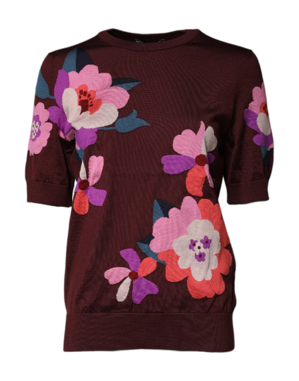 Dolce & Gabbana Maroon Floral Silk Round Neck Blouse Top