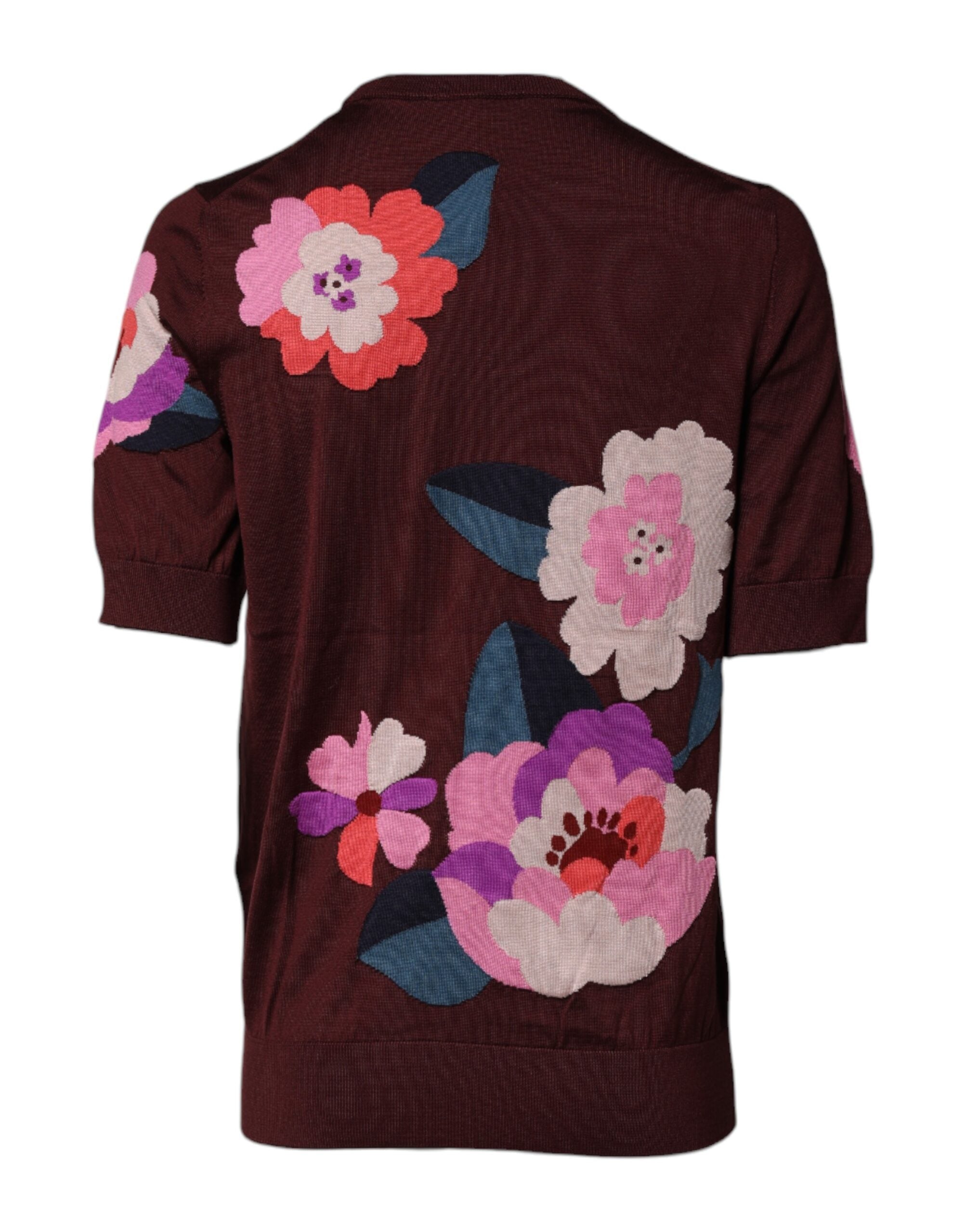 Dolce & Gabbana Maroon Floral Silk Round Neck Blouse Top