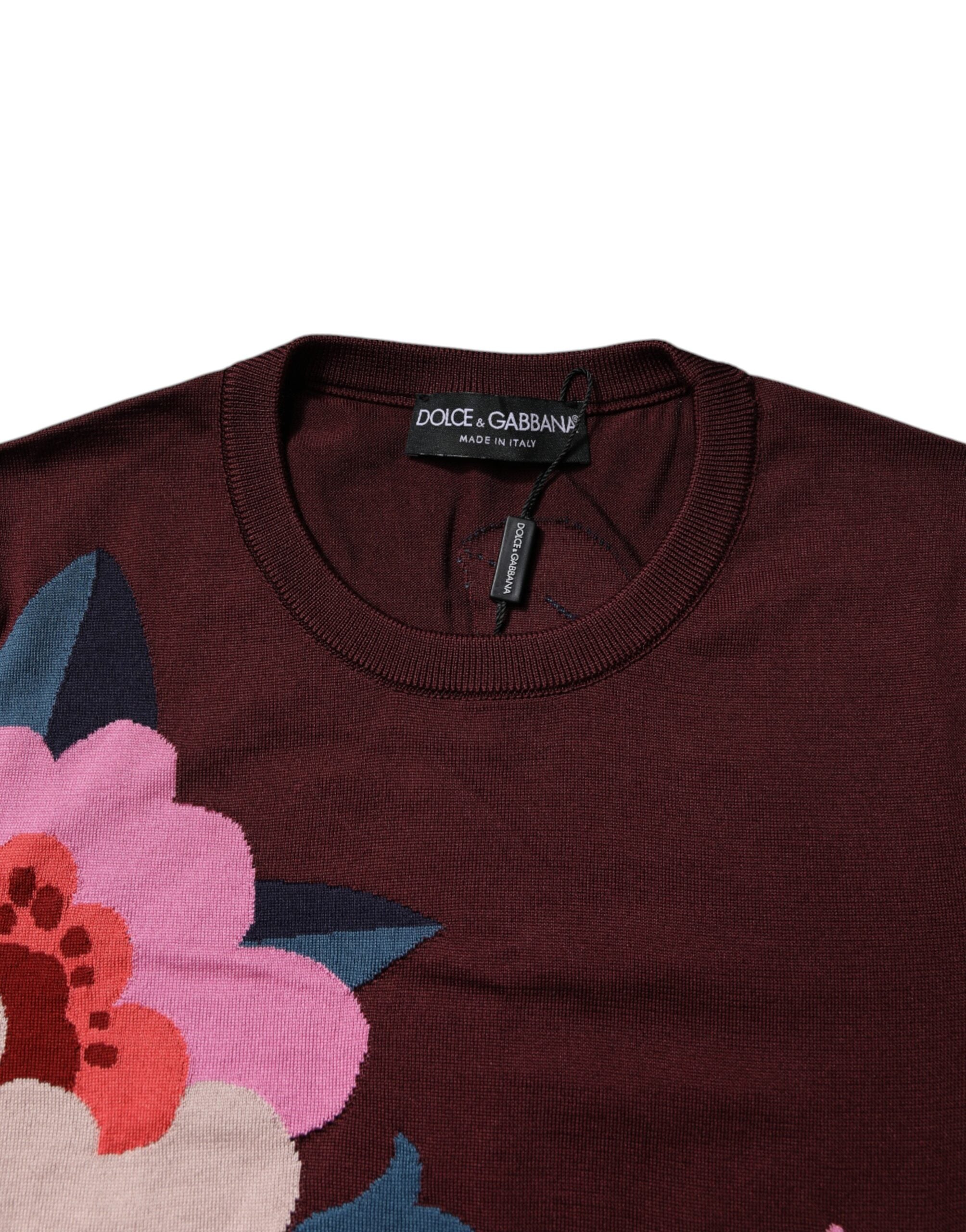 Dolce & Gabbana Maroon Floral Silk Round Neck Blouse Top
