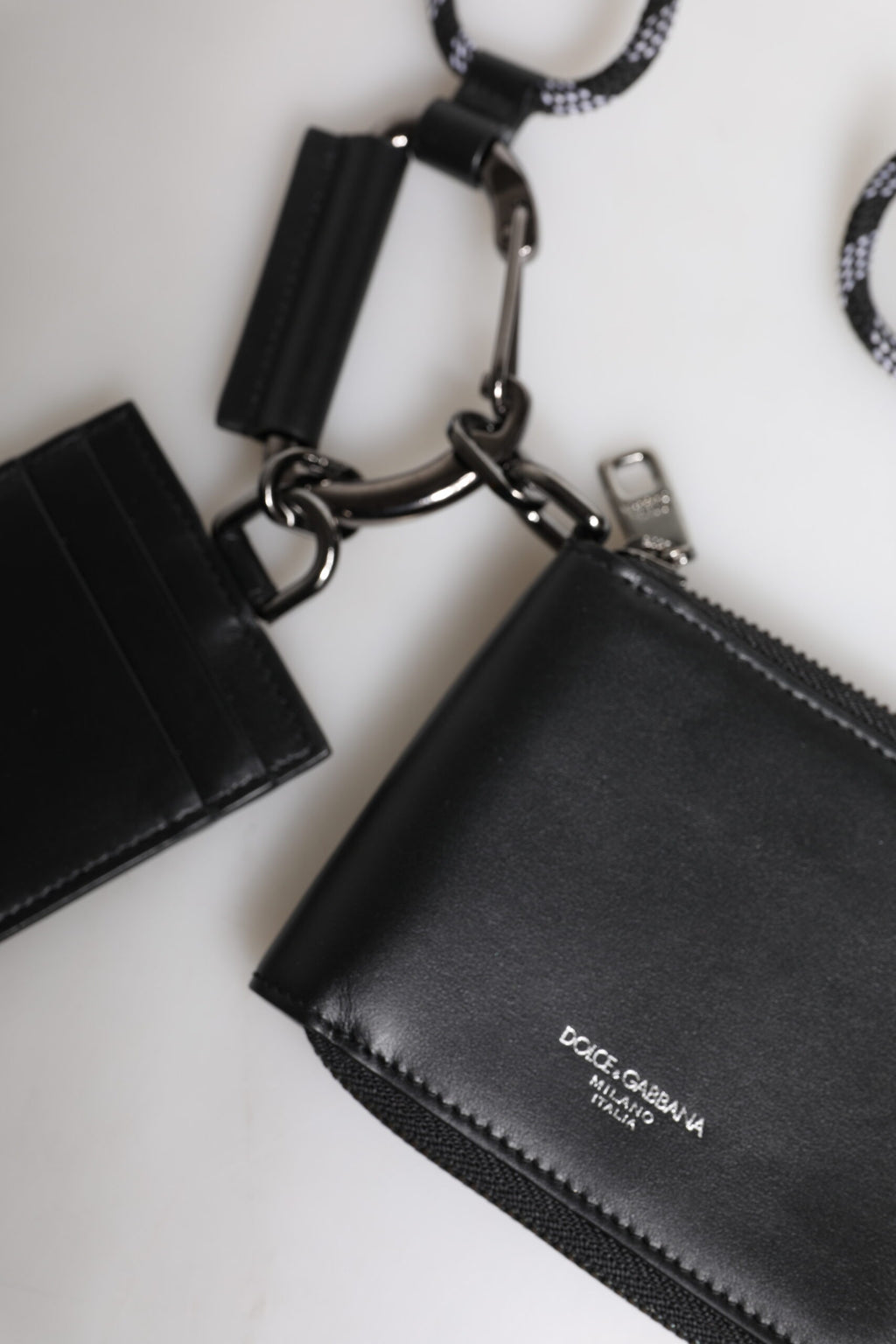 Dolce & Gabbana Black Leather Lanyard Zip Around Card Holder Wallet