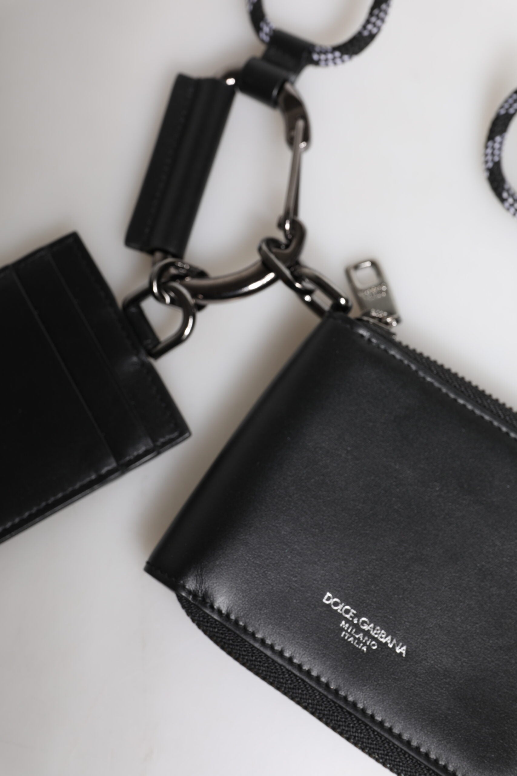 Dolce & Gabbana Black Leather Lanyard Zip Around Card Holder Wallet