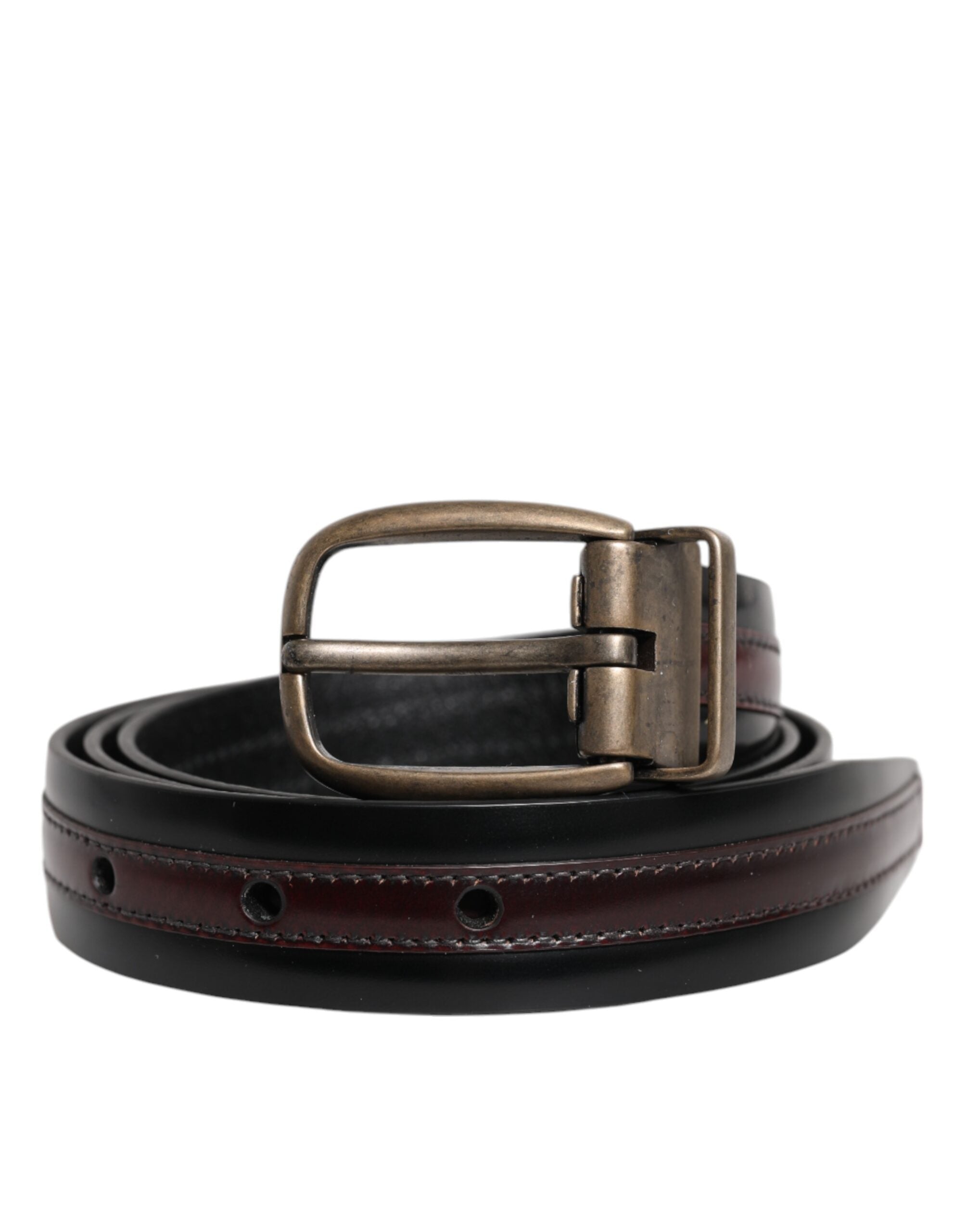 Dolce & Gabbana Black Burgundy Calfskin Belt with Metal Logo Buckle