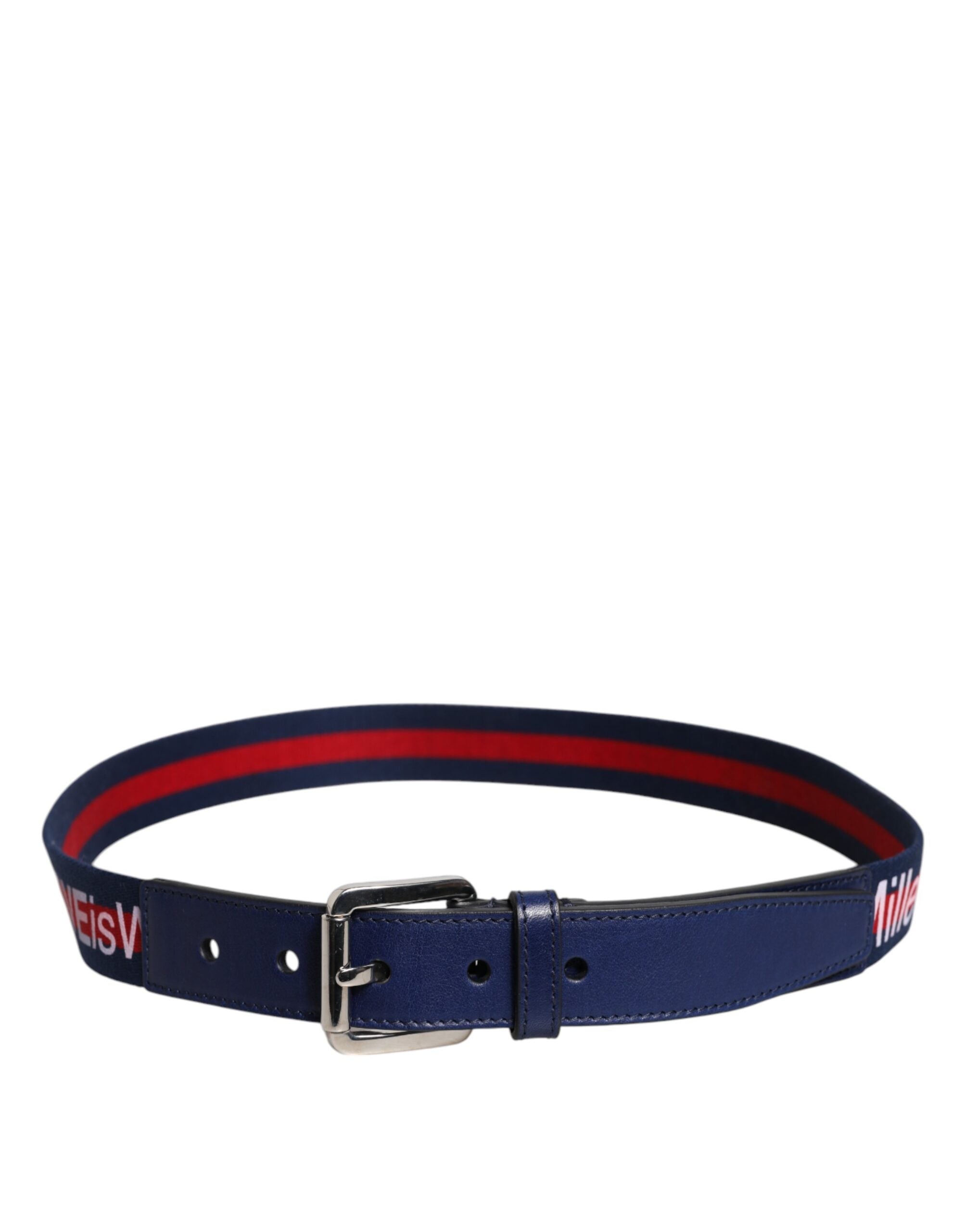 Dolce & Gabbana Blue Cotton Leather Belt with Printed Metal Buckle