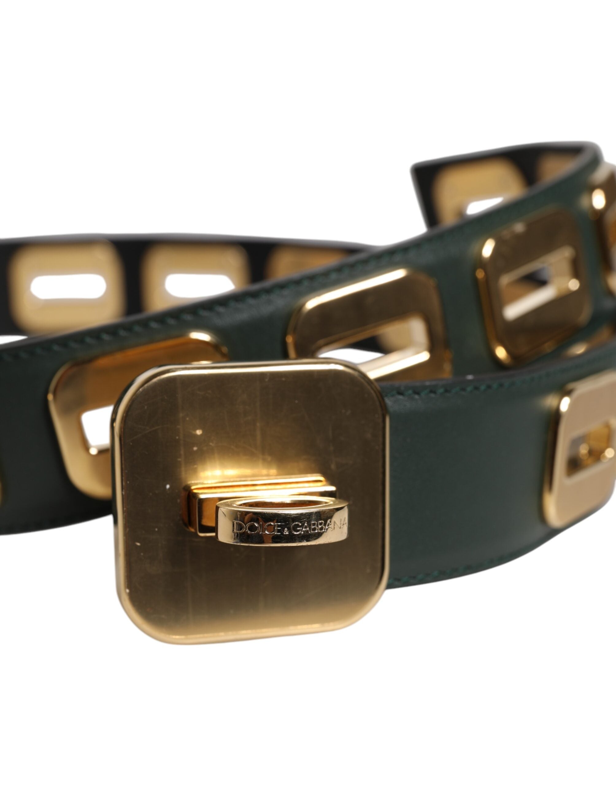 Dolce & Gabbana Green Leather Gold-Tone Roller Buckle Belt