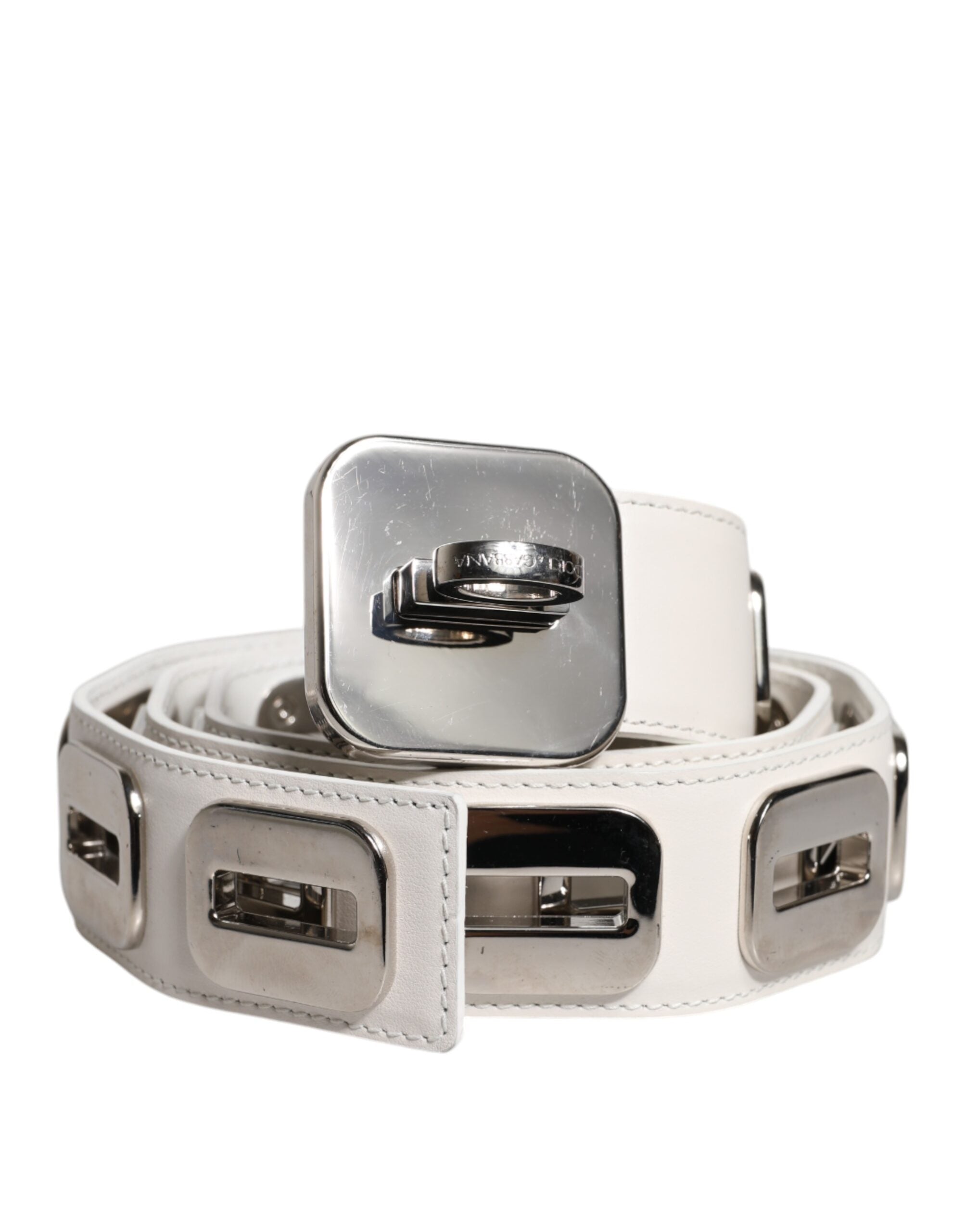 Dolce & Gabbana White Leather, Gold-Tone, Rotating Buckle, Belt