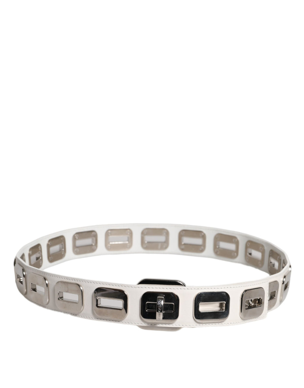 Dolce & Gabbana White Leather, Gold-Tone, Rotating Buckle, Belt
