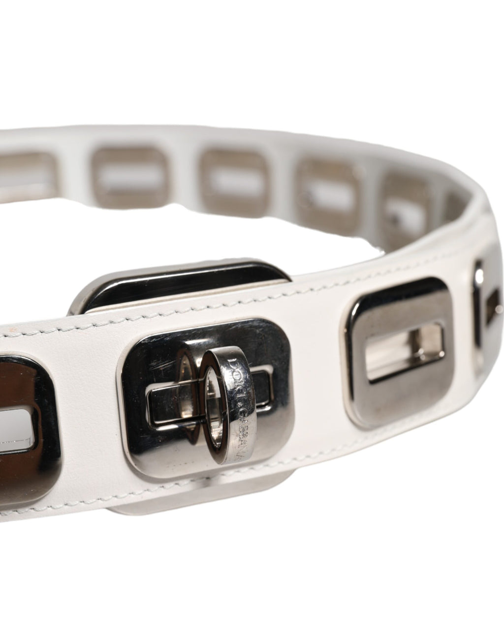 Dolce & Gabbana White Leather, Gold-Tone, Rotating Buckle, Belt