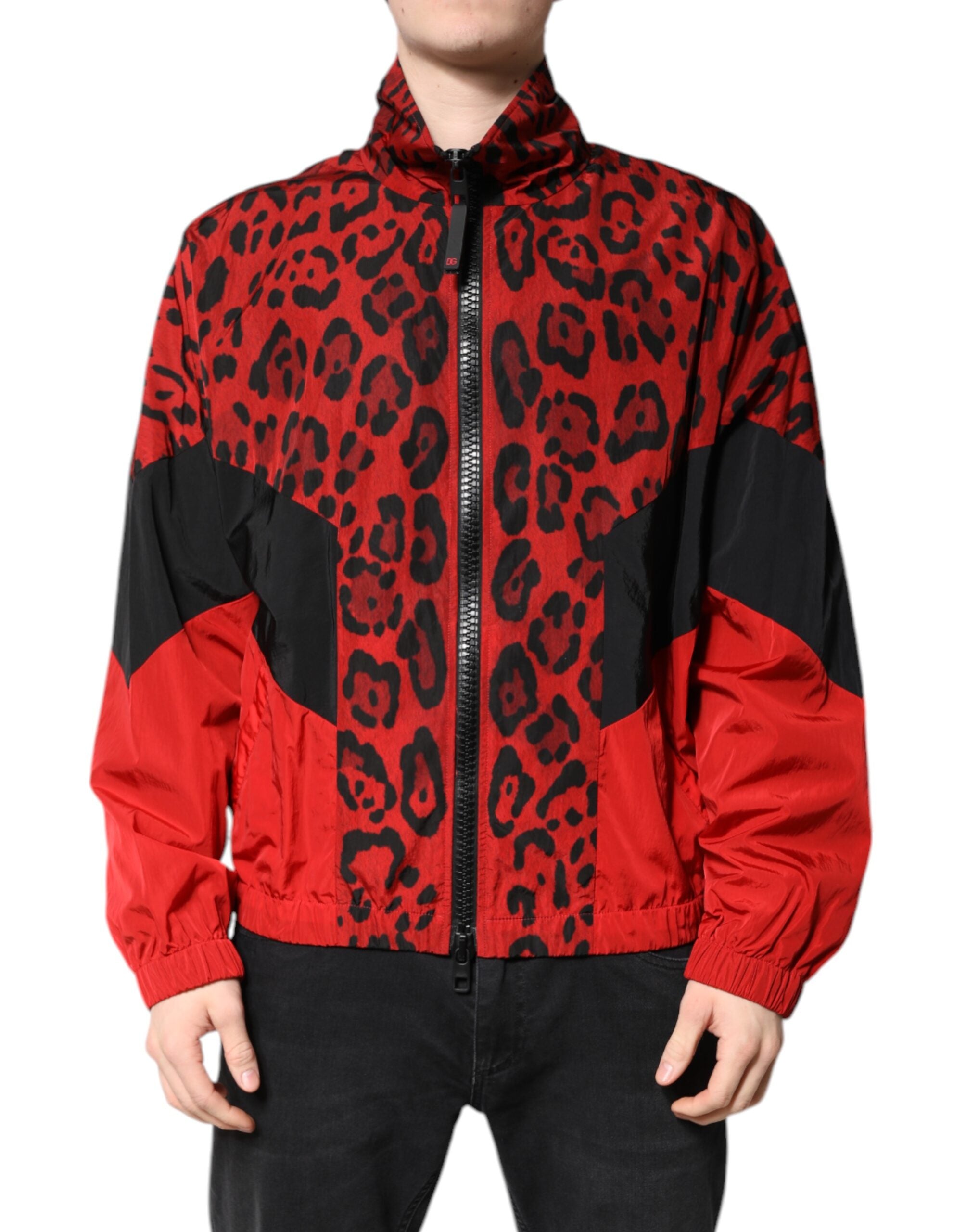 Dolce & Gabbana Red Leopard Nylon Full-Zip Bomber Jacket