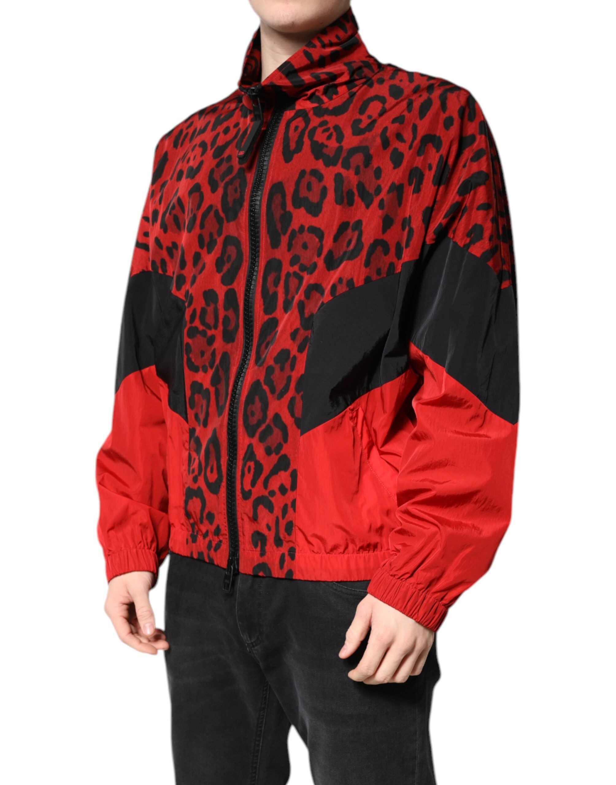 Dolce & Gabbana Red Leopard Nylon Full-Zip Bomber Jacket