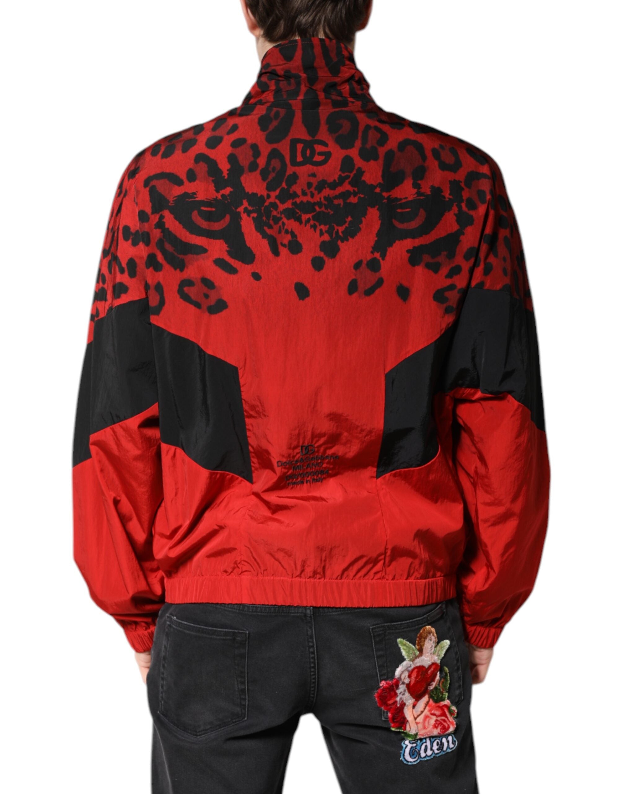 Dolce & Gabbana Red Leopard Nylon Full-Zip Bomber Jacket