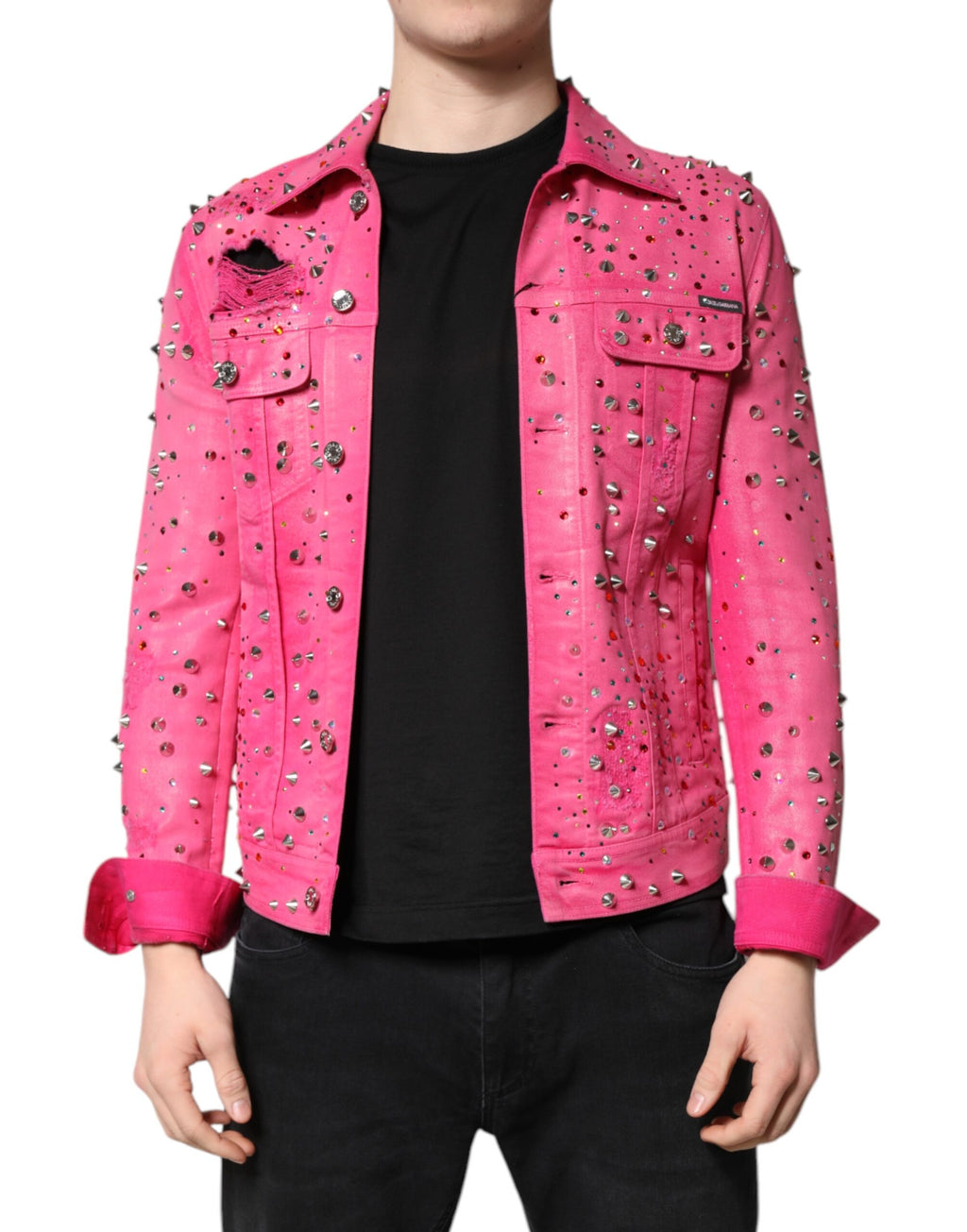 Dolce & Gabbana Pink Crystal-Embellished Cotton Denim Jacket