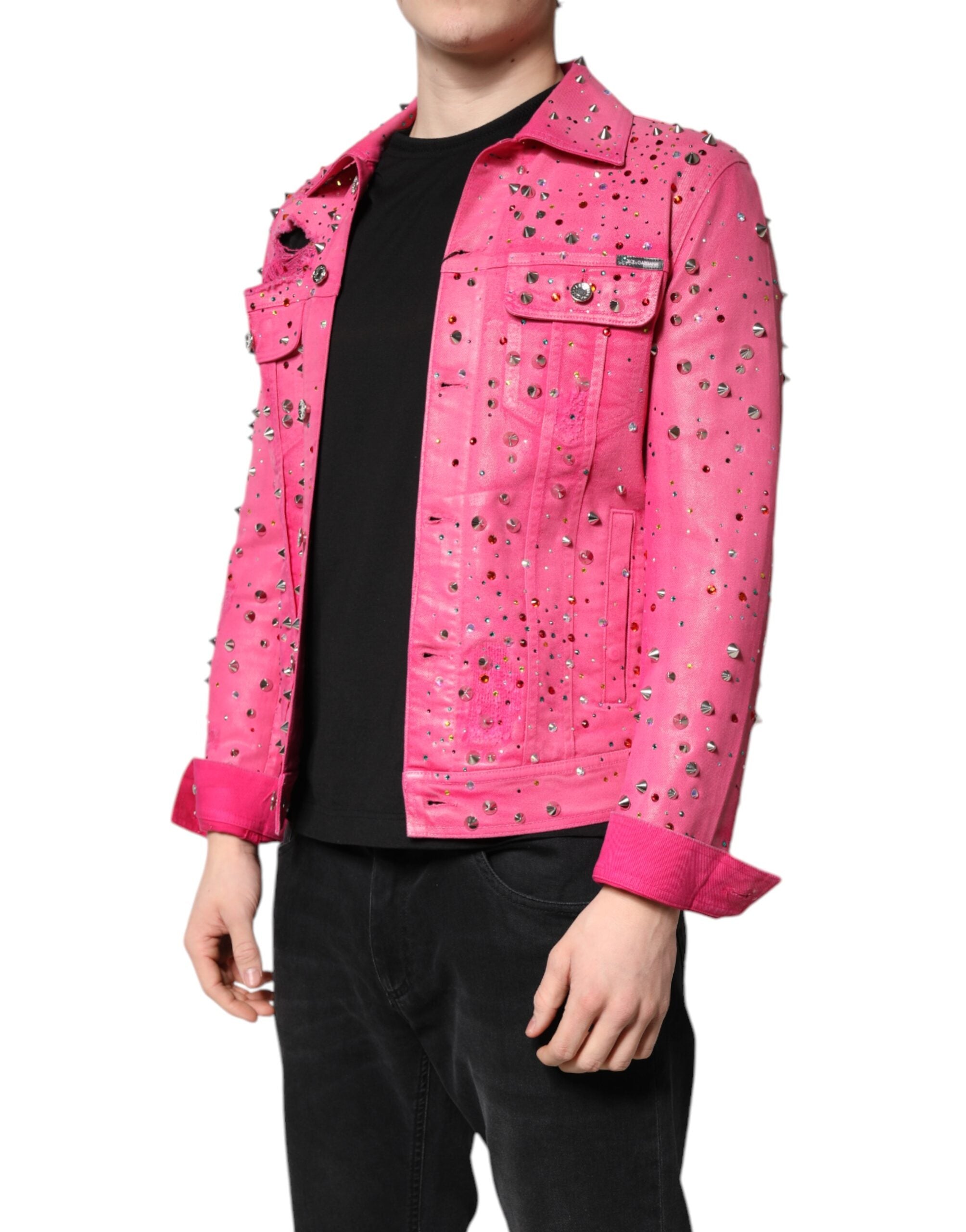 Dolce & Gabbana Pink Crystal-Embellished Cotton Denim Jacket