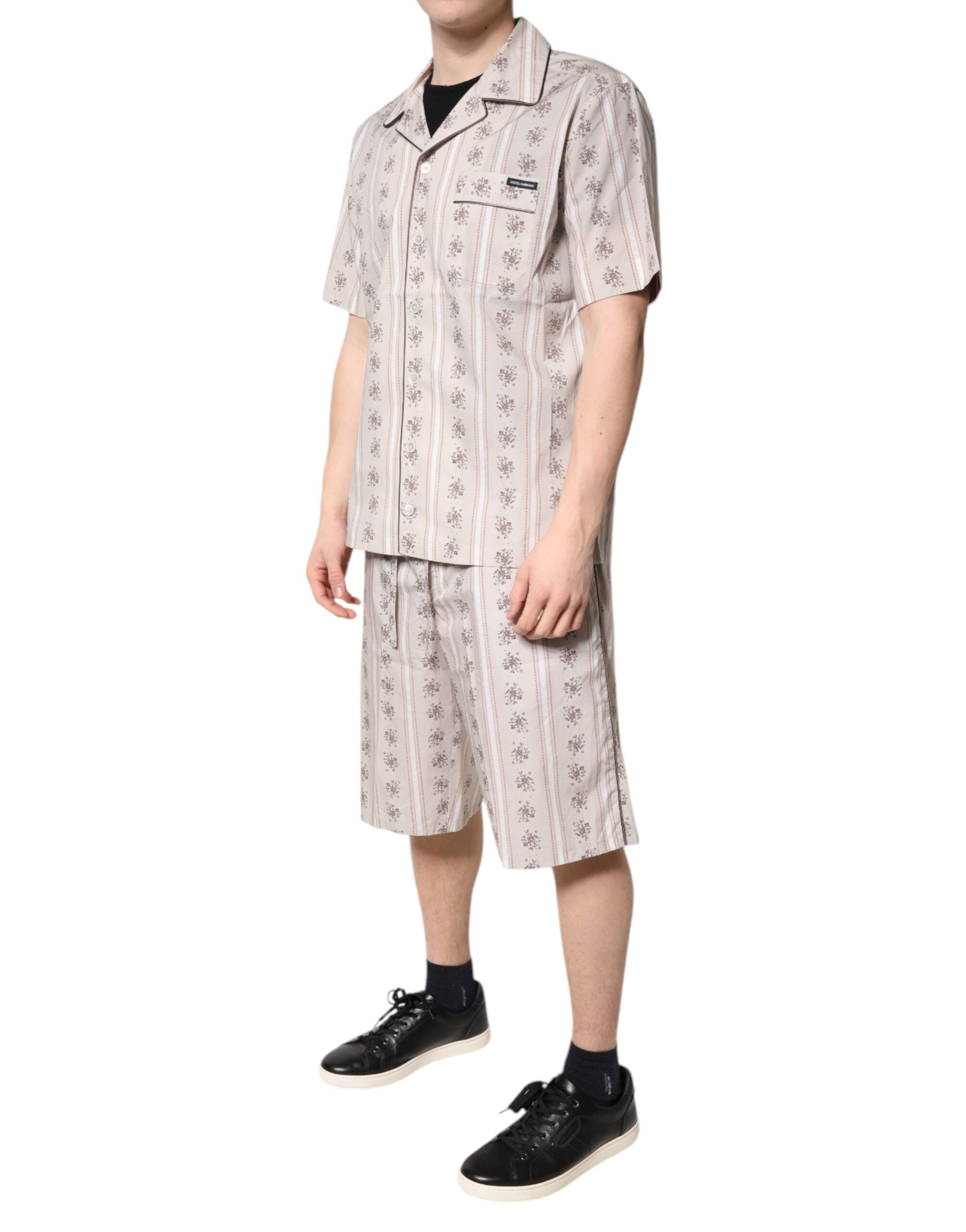 Dolce & Gabbana Beige Floral Print Baumwolle Männer Pyjama Set Schlafanzug