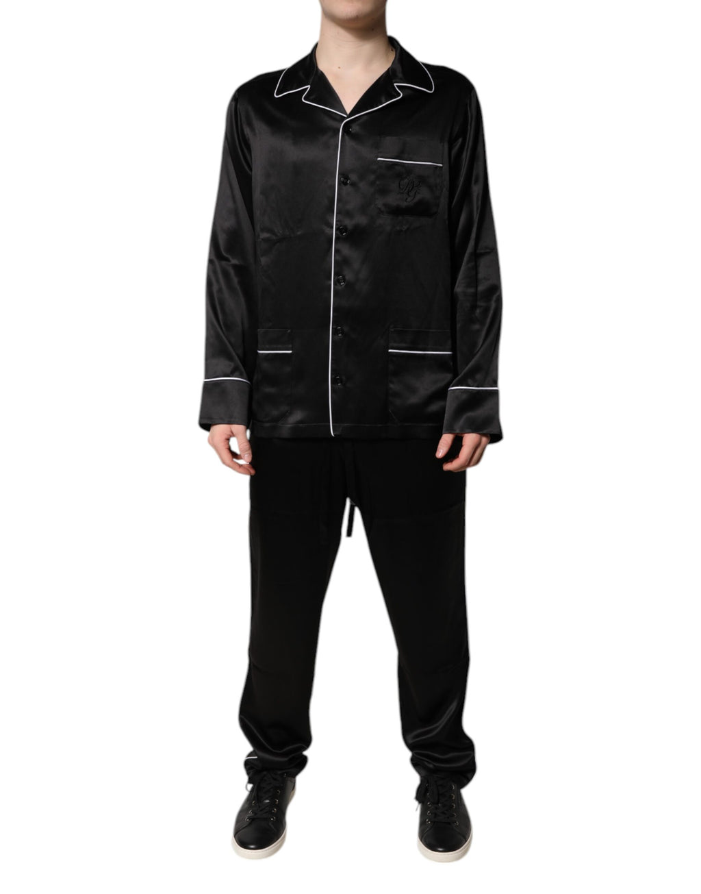 Dolce & Gabbana Schwarzes Seidenhemd Hose Pyjama Set Nachtwäsche