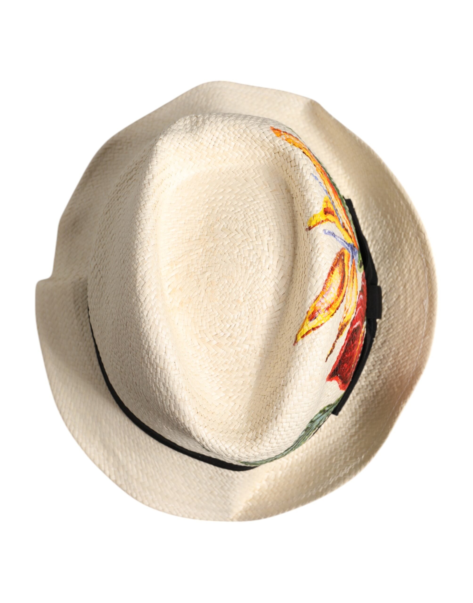 Dolce & Gabbana Beige Floral Print Stroh breite Krempe Fedora Hut