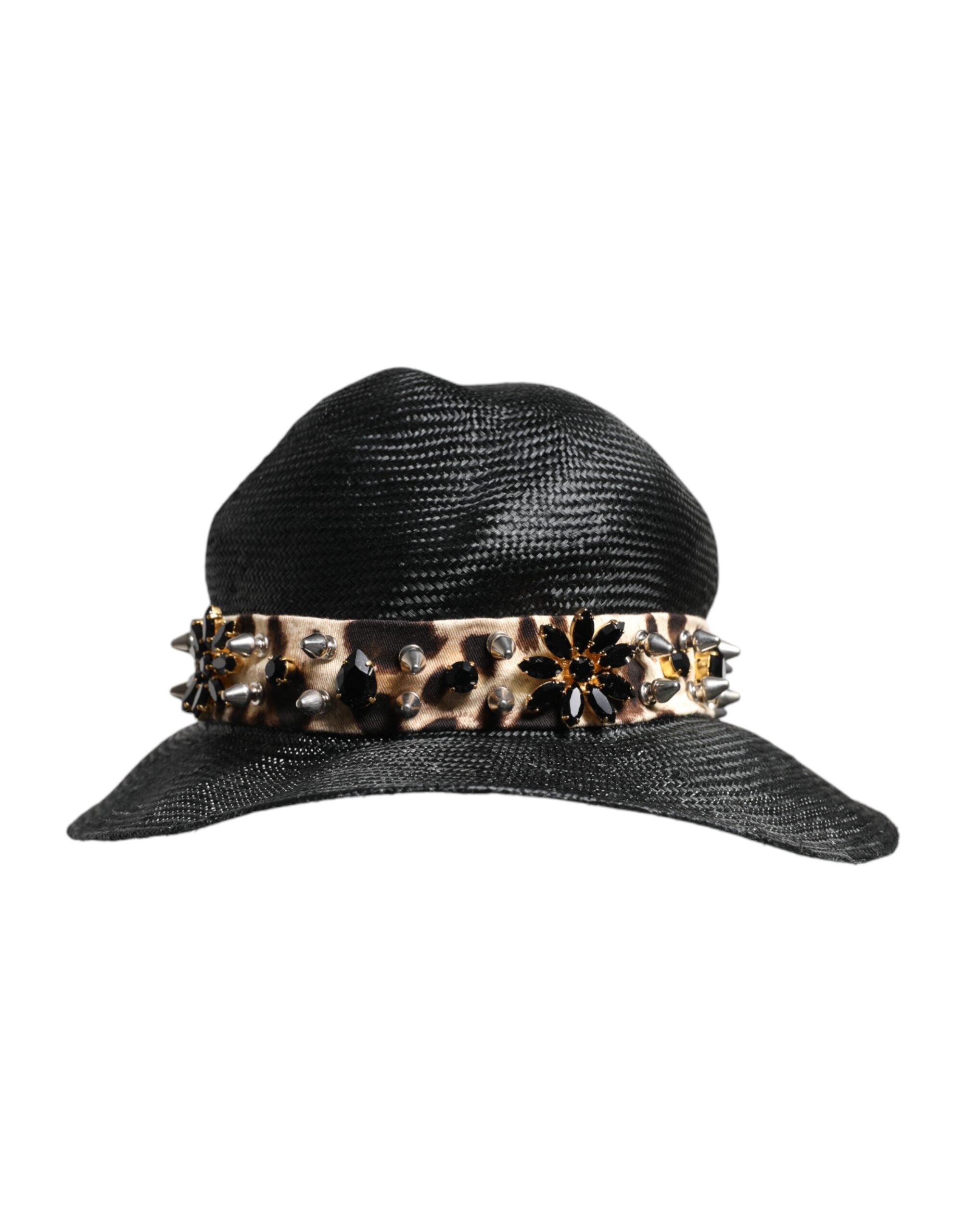 Dolce & Gabbana Black Wide-Brim Straw Hat with Crystal Embellishment