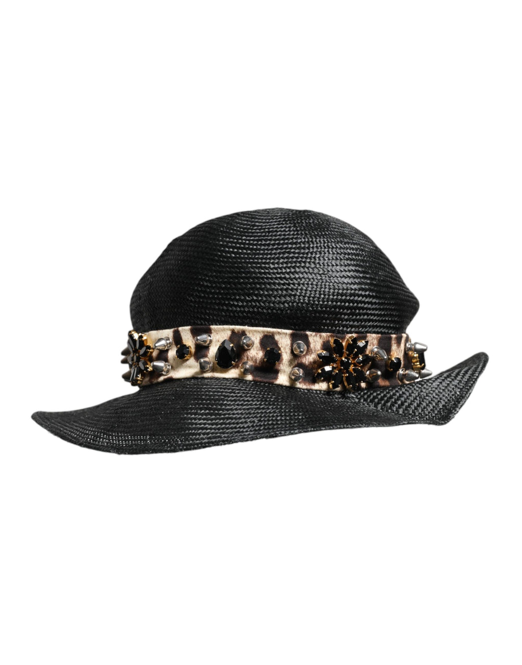 Dolce & Gabbana Black Wide-Brim Straw Hat with Crystal Embellishment