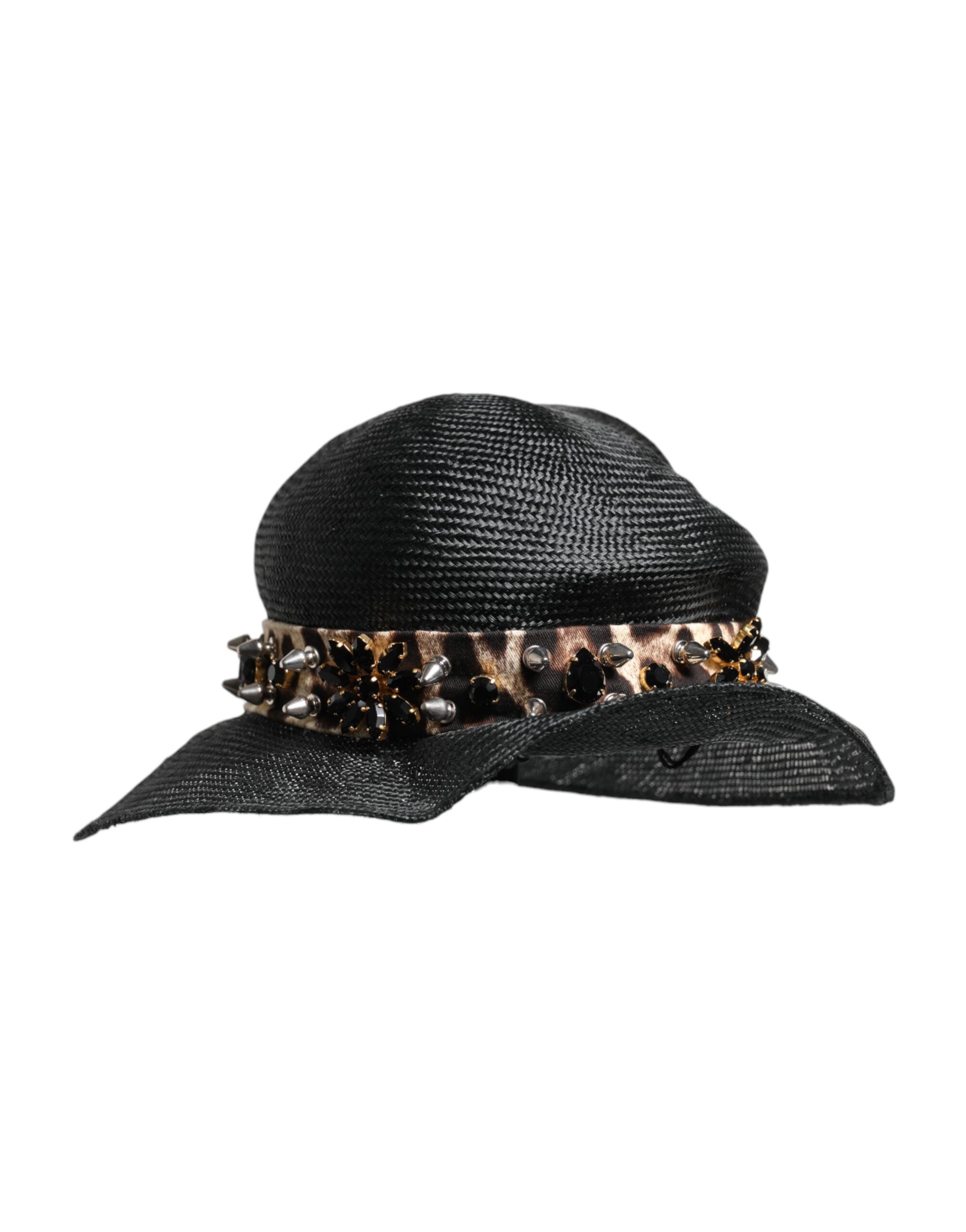 Dolce & Gabbana Black Wide-Brim Straw Hat with Crystal Embellishment