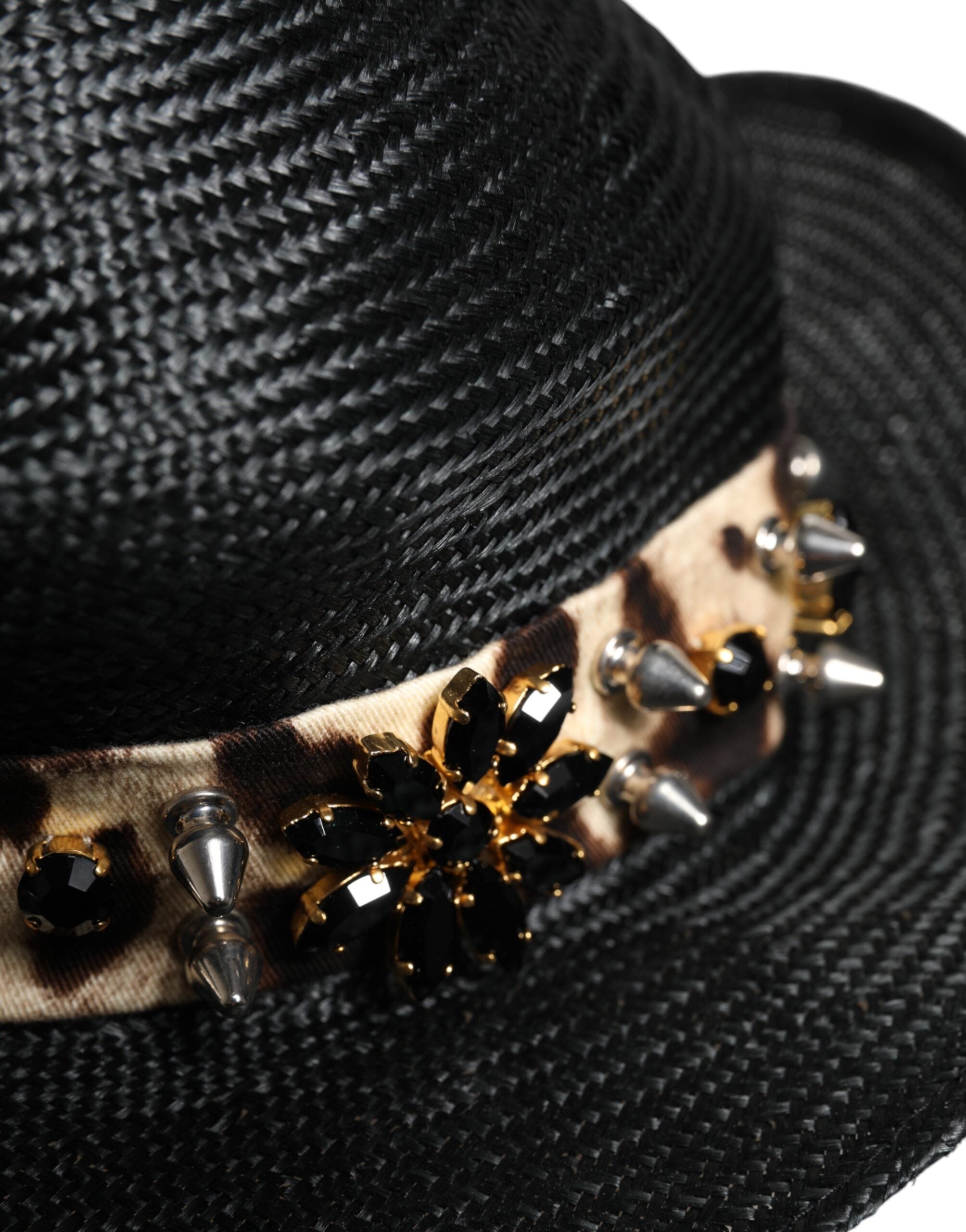 Dolce & Gabbana Black Wide-Brim Straw Hat with Crystal Embellishment