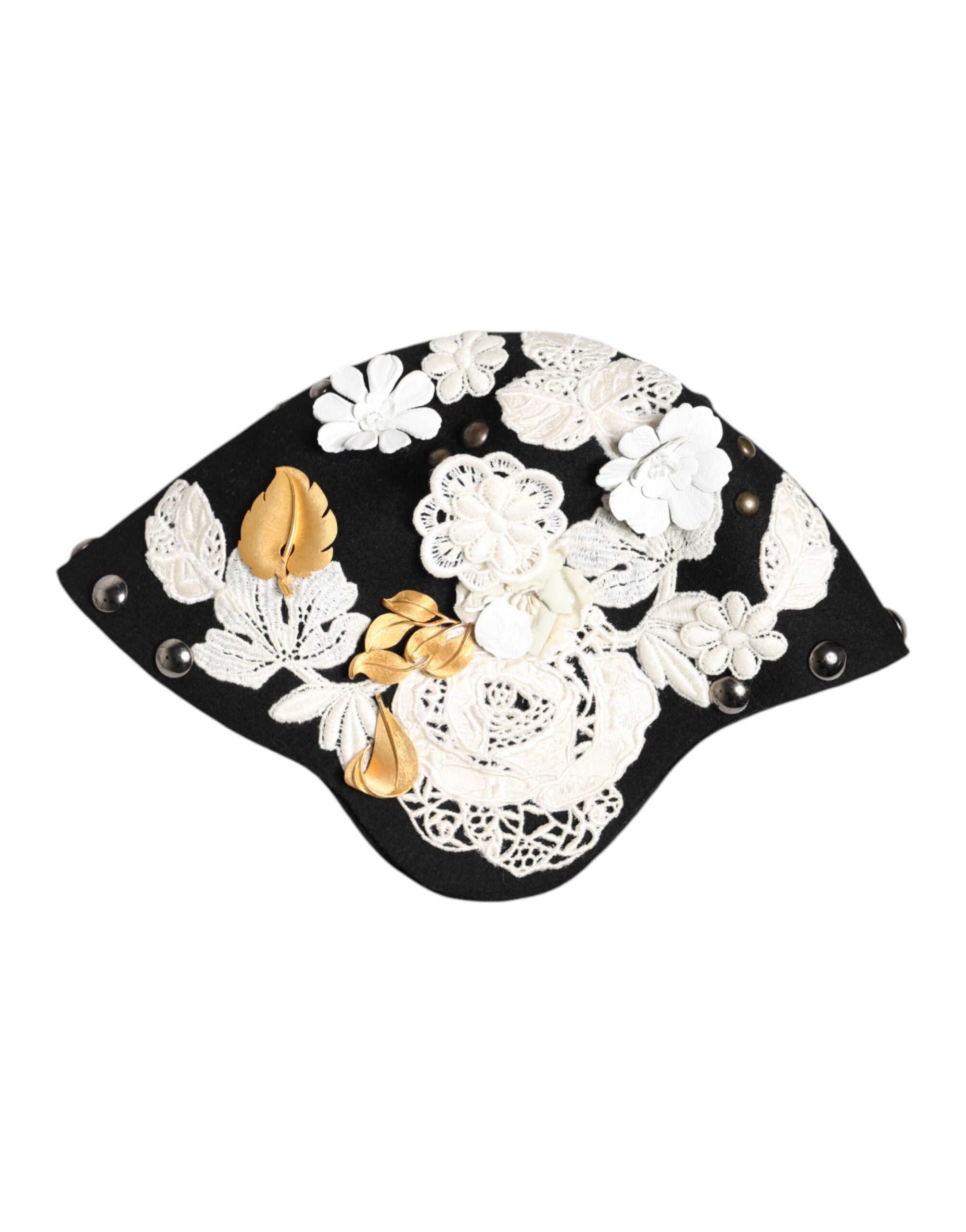 Dolce & Gabbana Schwarz Wolle Weiß Floral Gold Leaf Cloche Hut