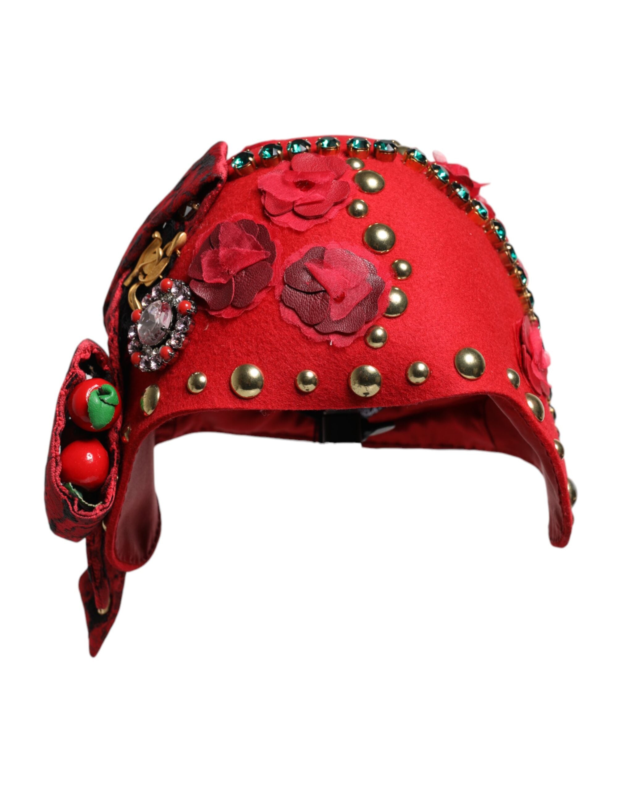 Dolce & Gabbana Red Crystal Gold Rose Brooch Embellished Hat