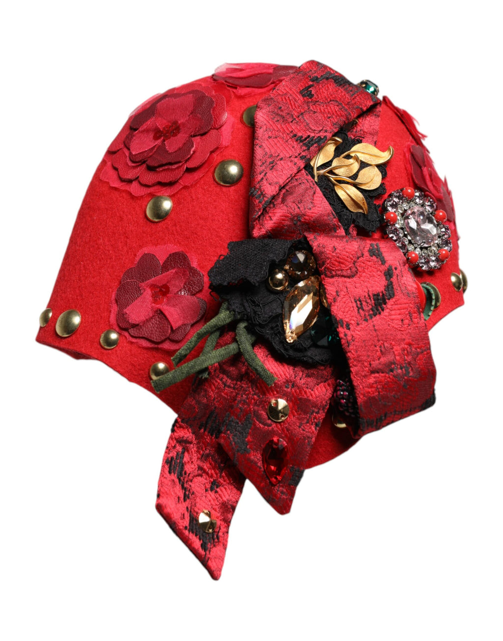 Dolce & Gabbana Red Crystal Gold Rose Brooch Embellished Hat
