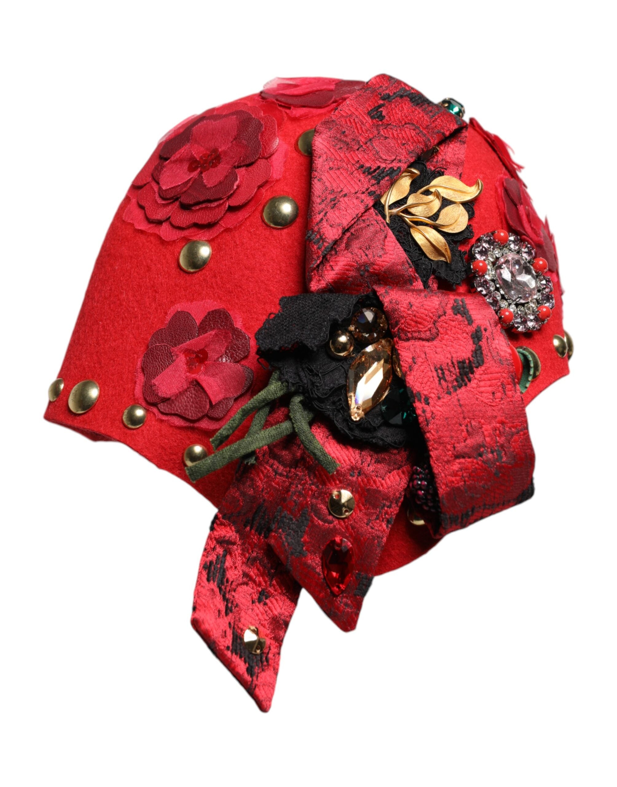 Dolce & Gabbana Red Crystal Gold Rose Brooch Embellished Hat