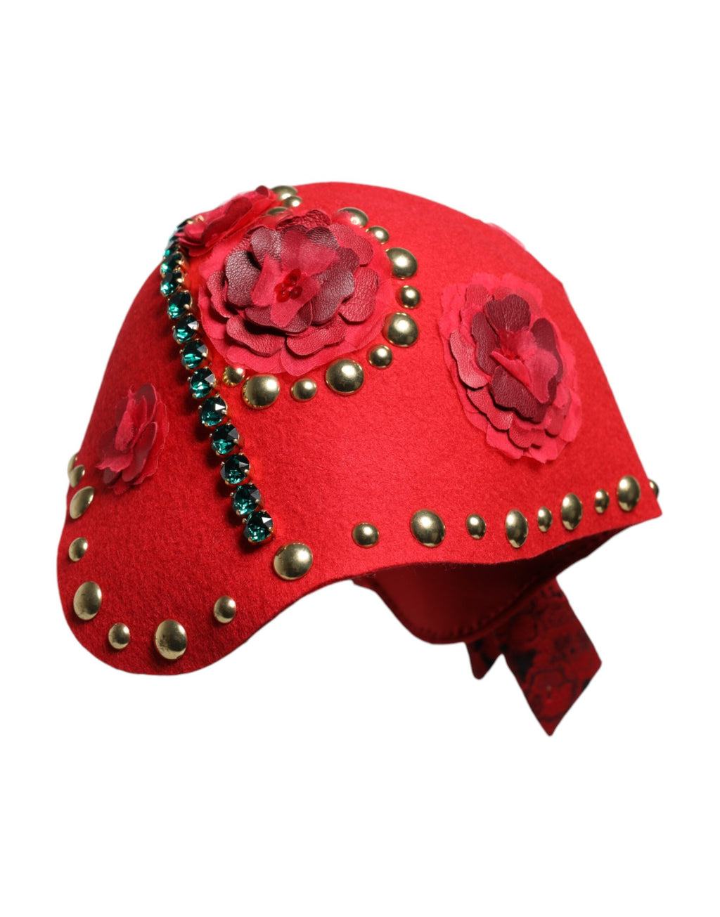 Dolce & Gabbana Red Crystal Gold Rose Brooch Embellished Hat