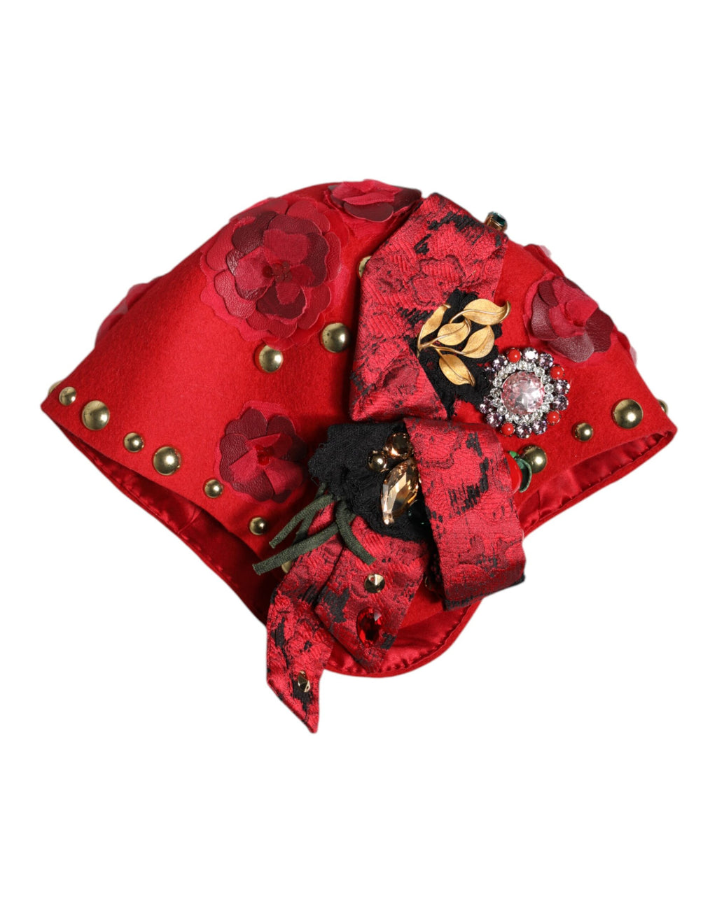Dolce & Gabbana Red Crystal Gold Rose Brooch Embellished Hat