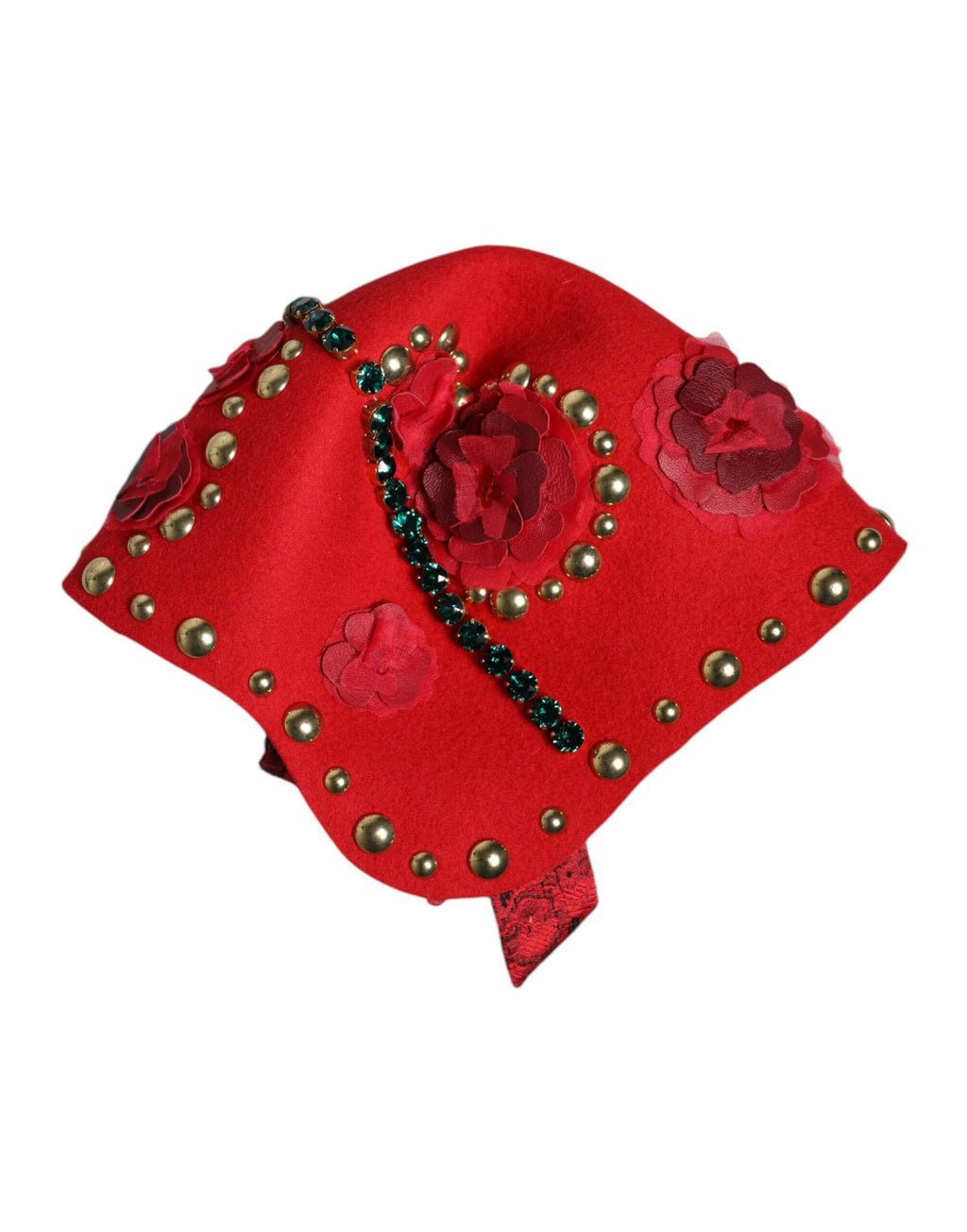 Dolce & Gabbana Red Crystal Gold Rose Brooch Embellished Hat