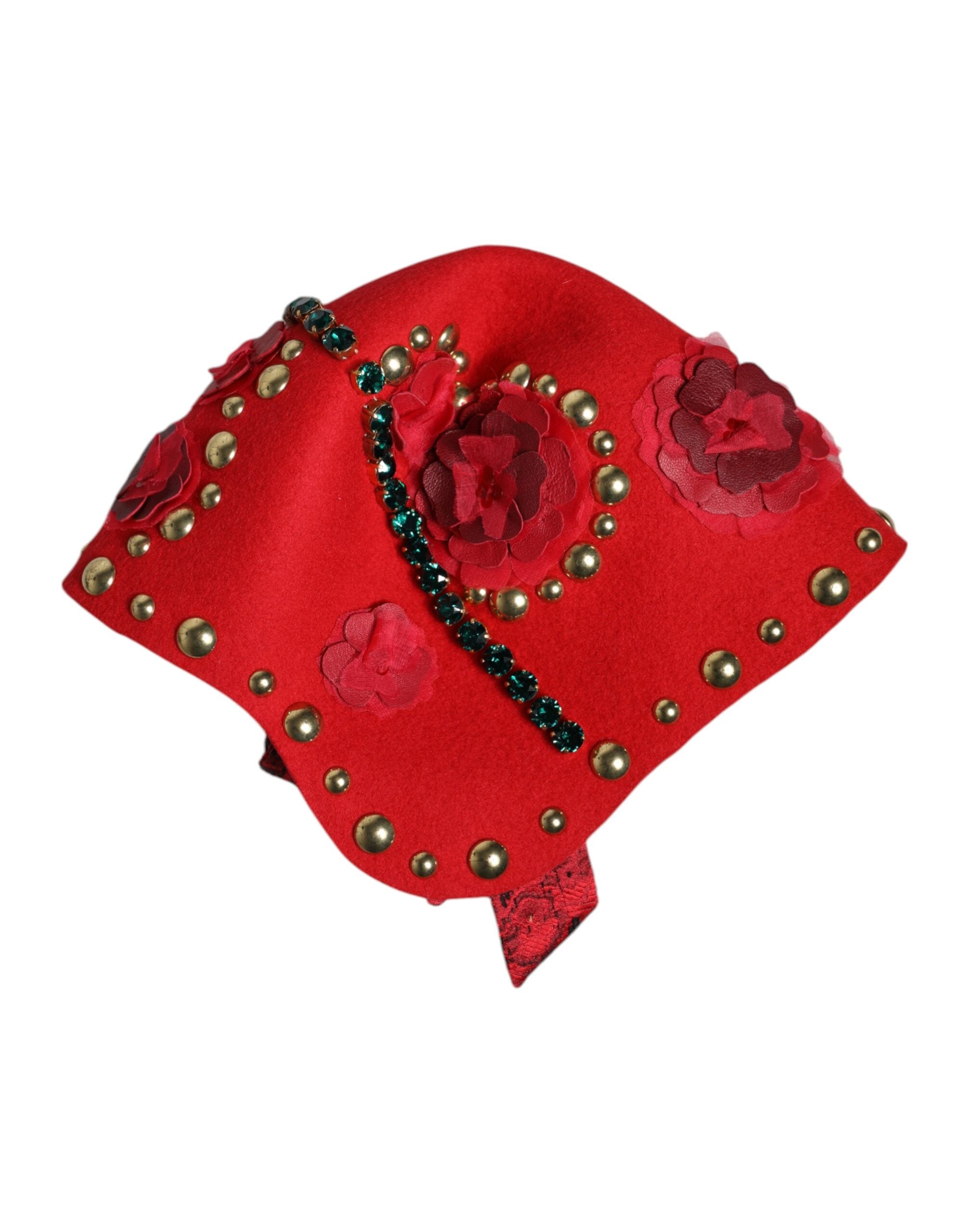 Dolce & Gabbana Red Crystal Gold Rose Brooch Embellished Hat
